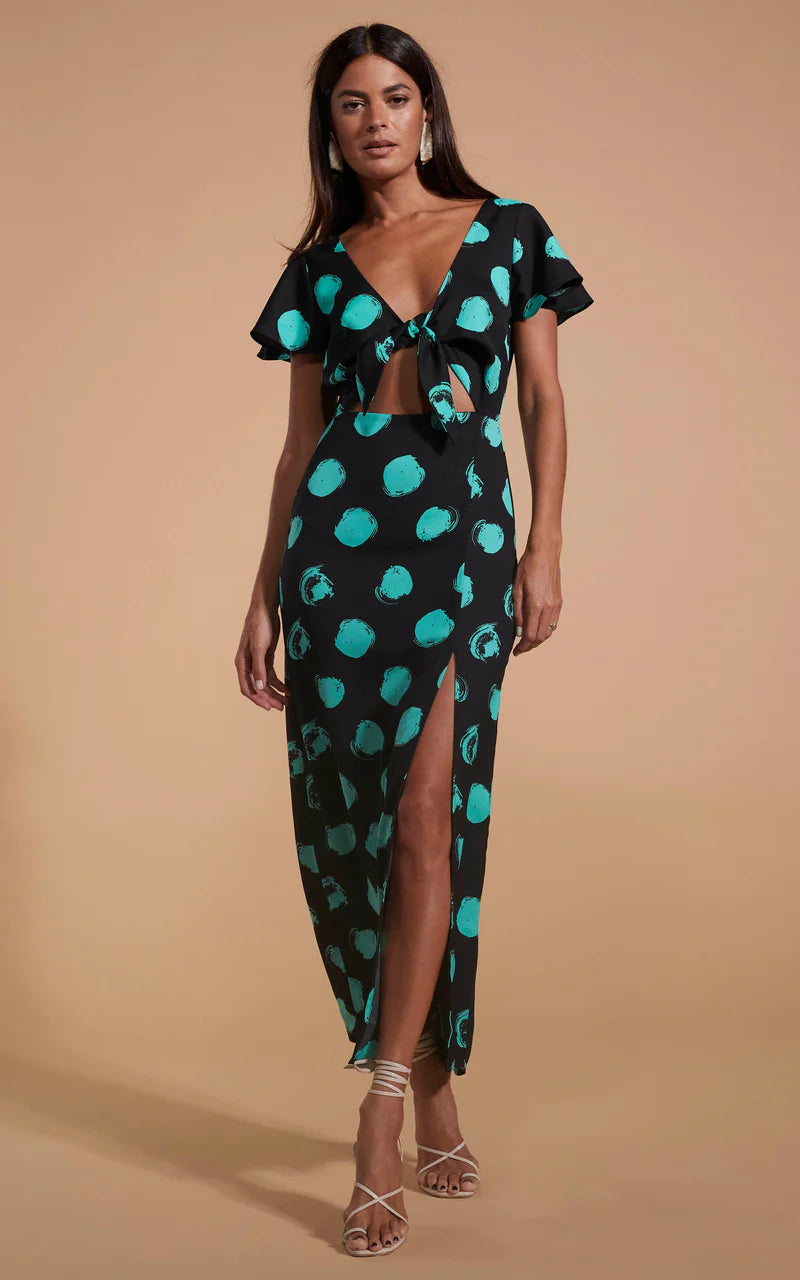 LILY DRESS (GREEN ON BLACK DOT)