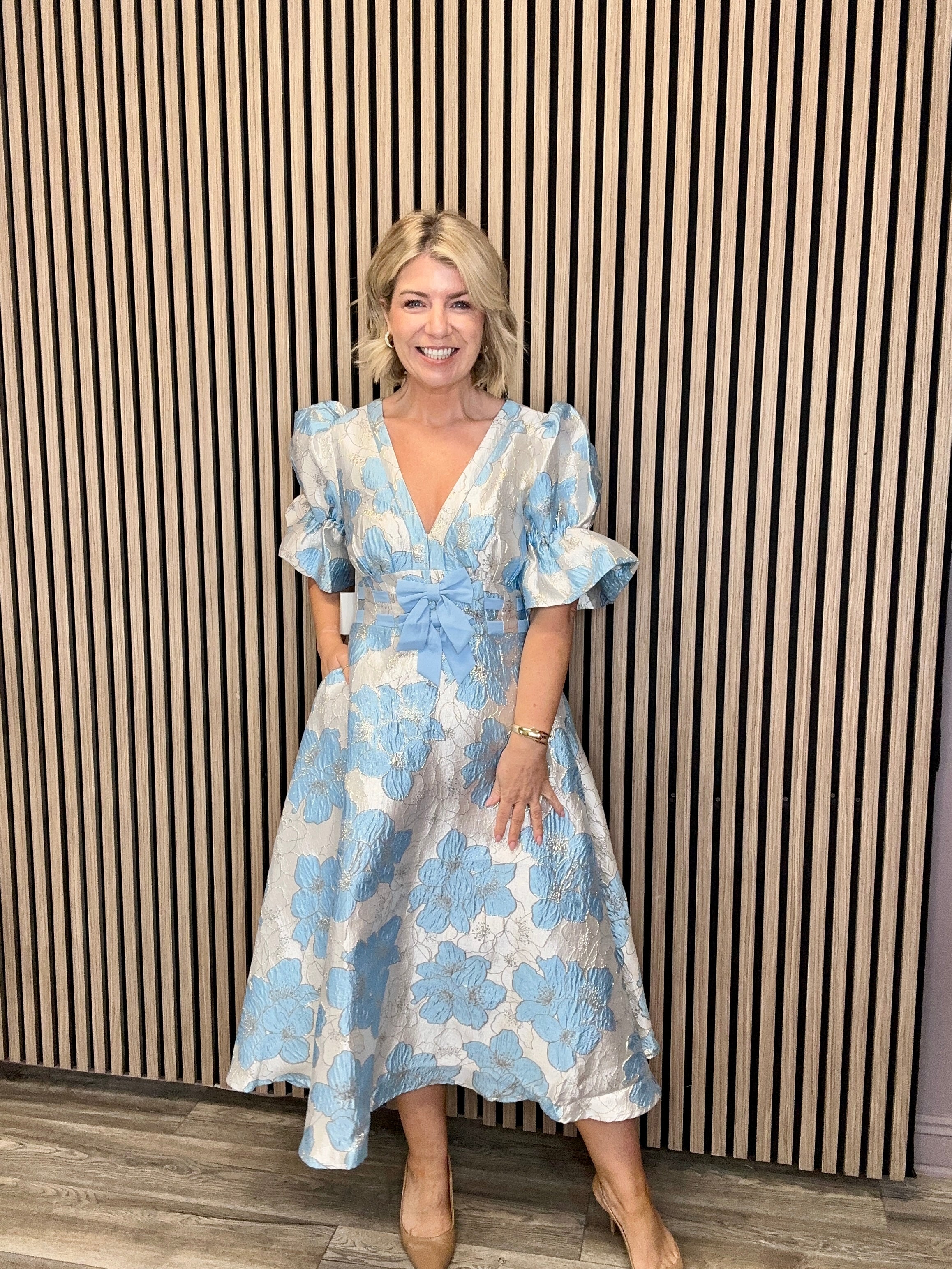 Callie Metallic Puff Sleeve Midi Dress (Pale Blue)