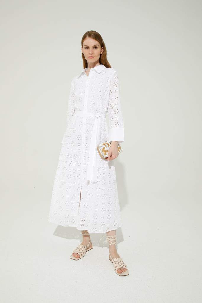 Elysa Broderie Anglaise Shirt Dress (White)