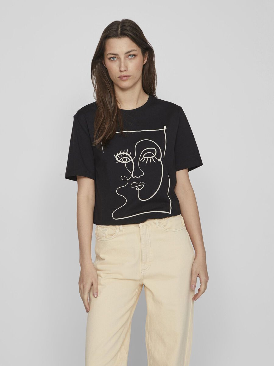 FACE PRINTED COTTON T-SHIRT (BLACK)