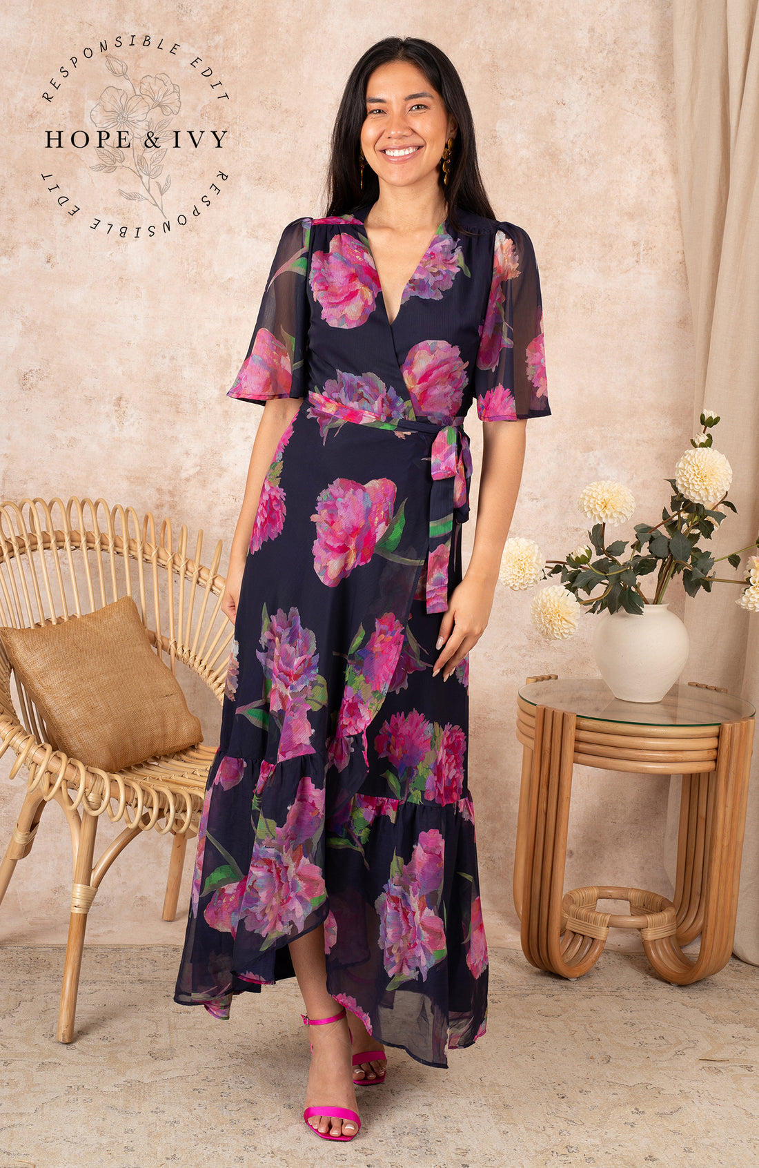 THE ASHIA FLUTTER SLEEVE MAXI WRAP DRESS (NAVY/PINK) CURVE