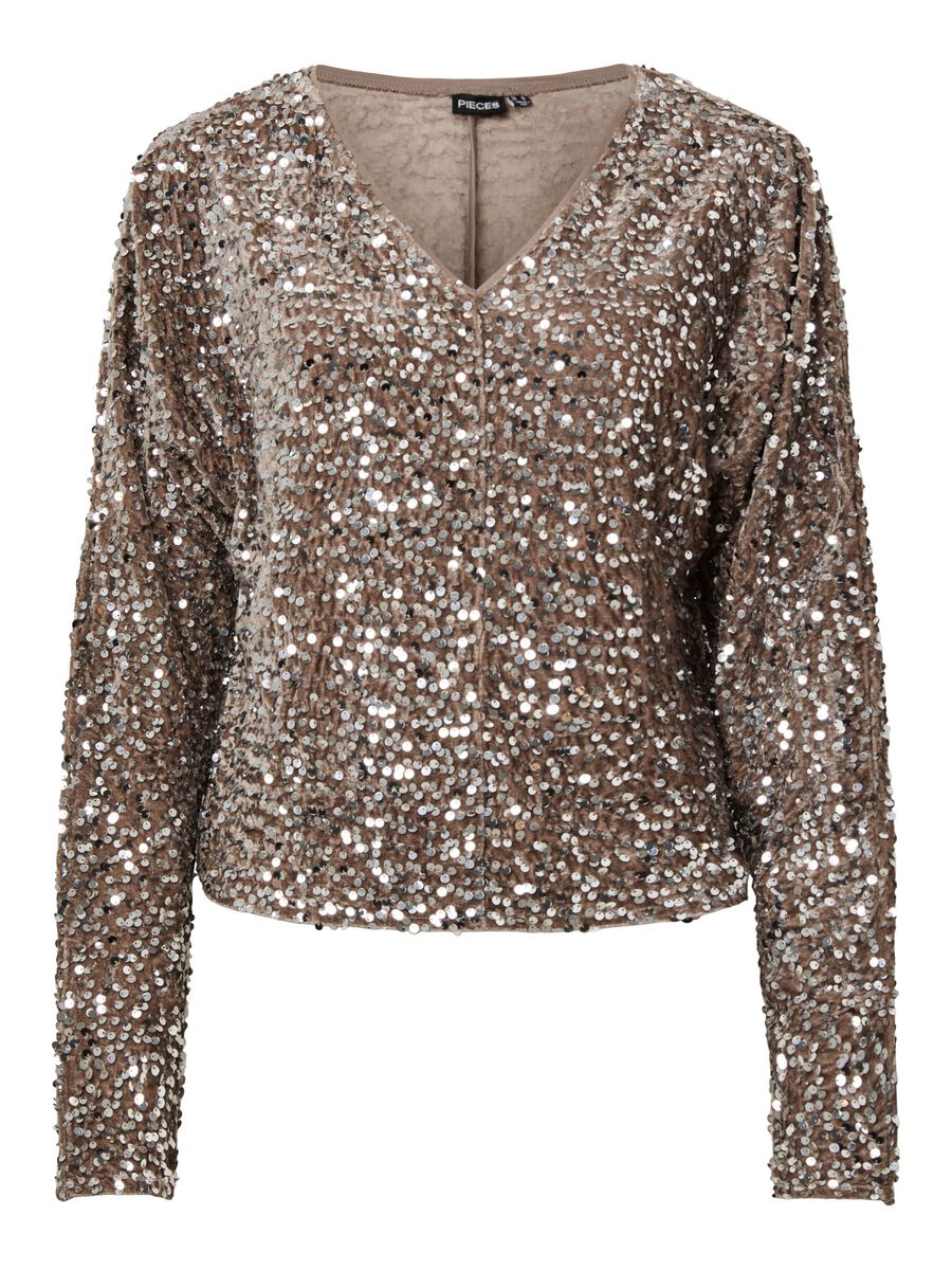 Kassey Sequin V-Neck Top (Morel/Silver)