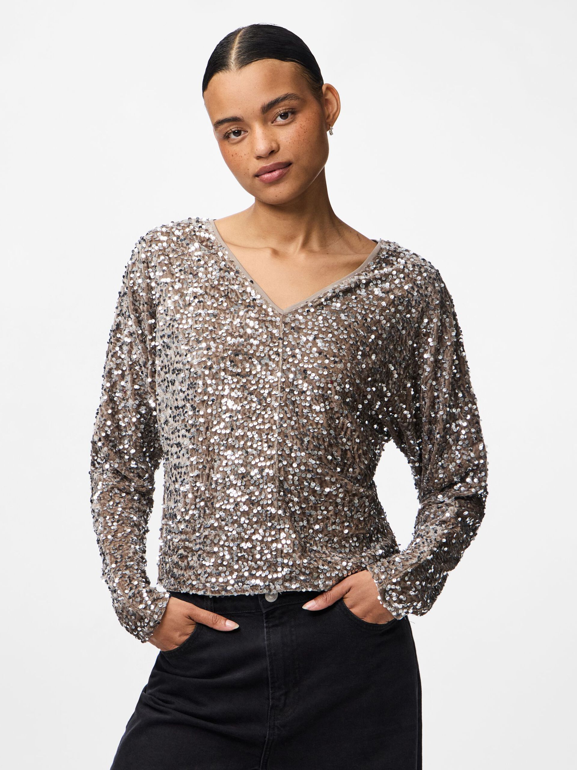 Kassey Sequin V-Neck Top (Morel/Silver)