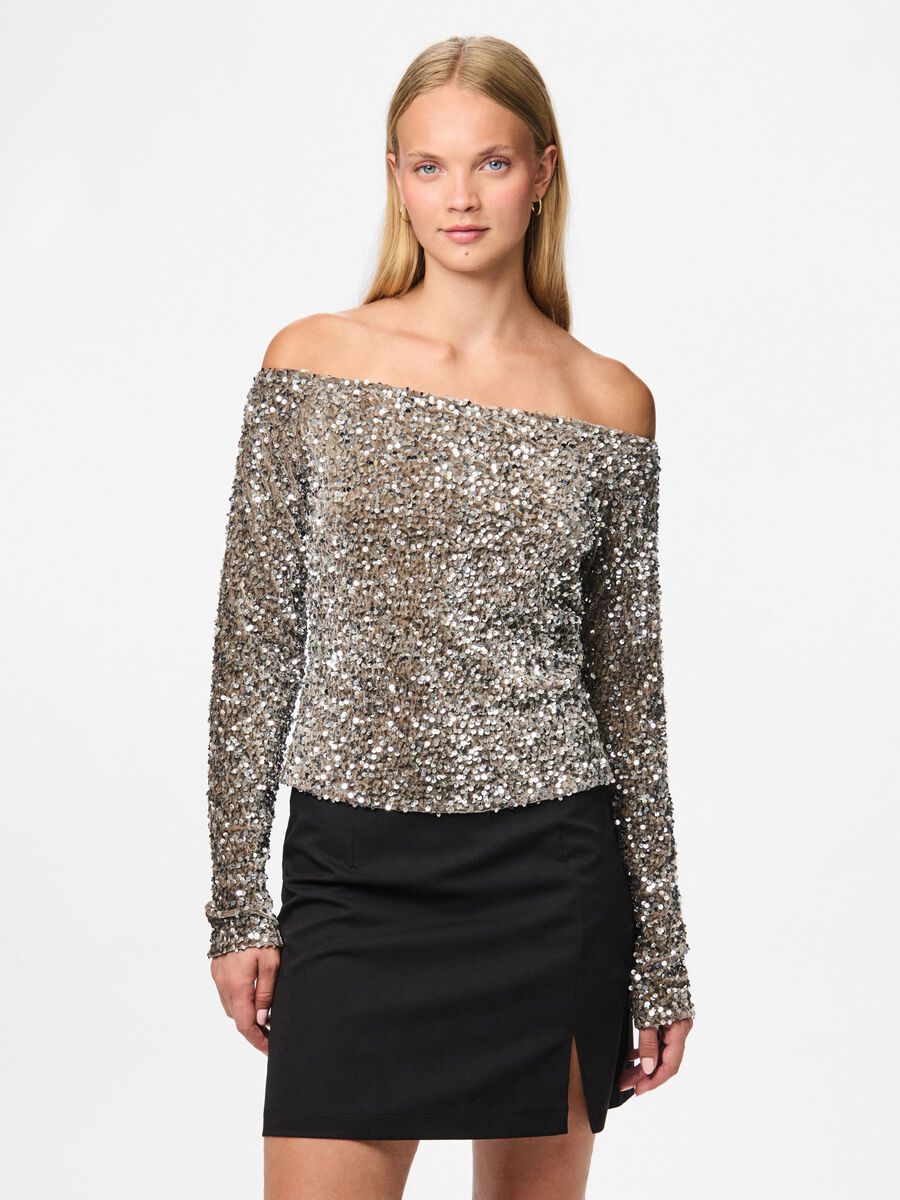 Kam Sequin Off-Shoulder Top (Morel/Silver)