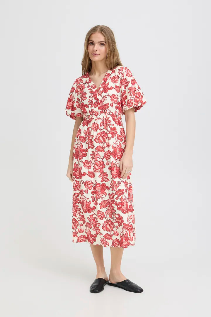 Glenda Midi Dress (Red Floral Print)