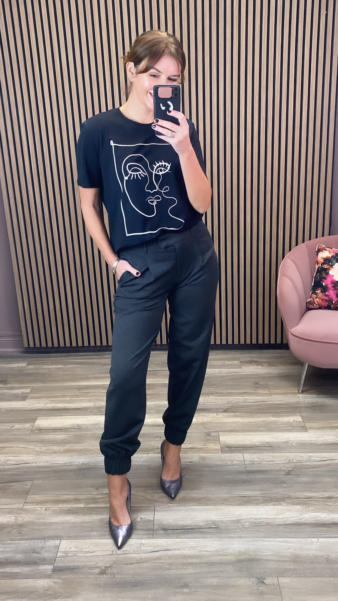 FACE PRINTED COTTON T-SHIRT (BLACK)