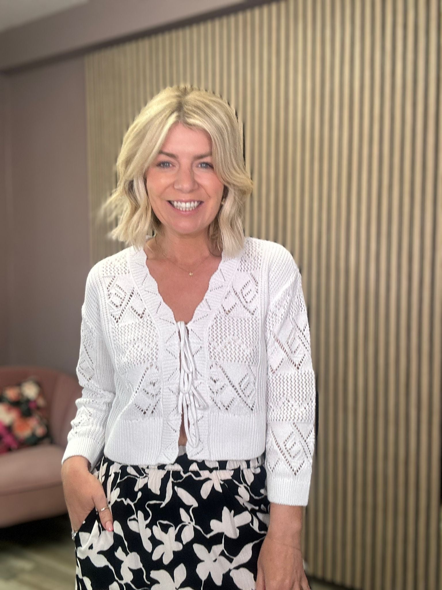 Fosia 3/4 Sleeve Knit Cardigan (Cloud Dancer)