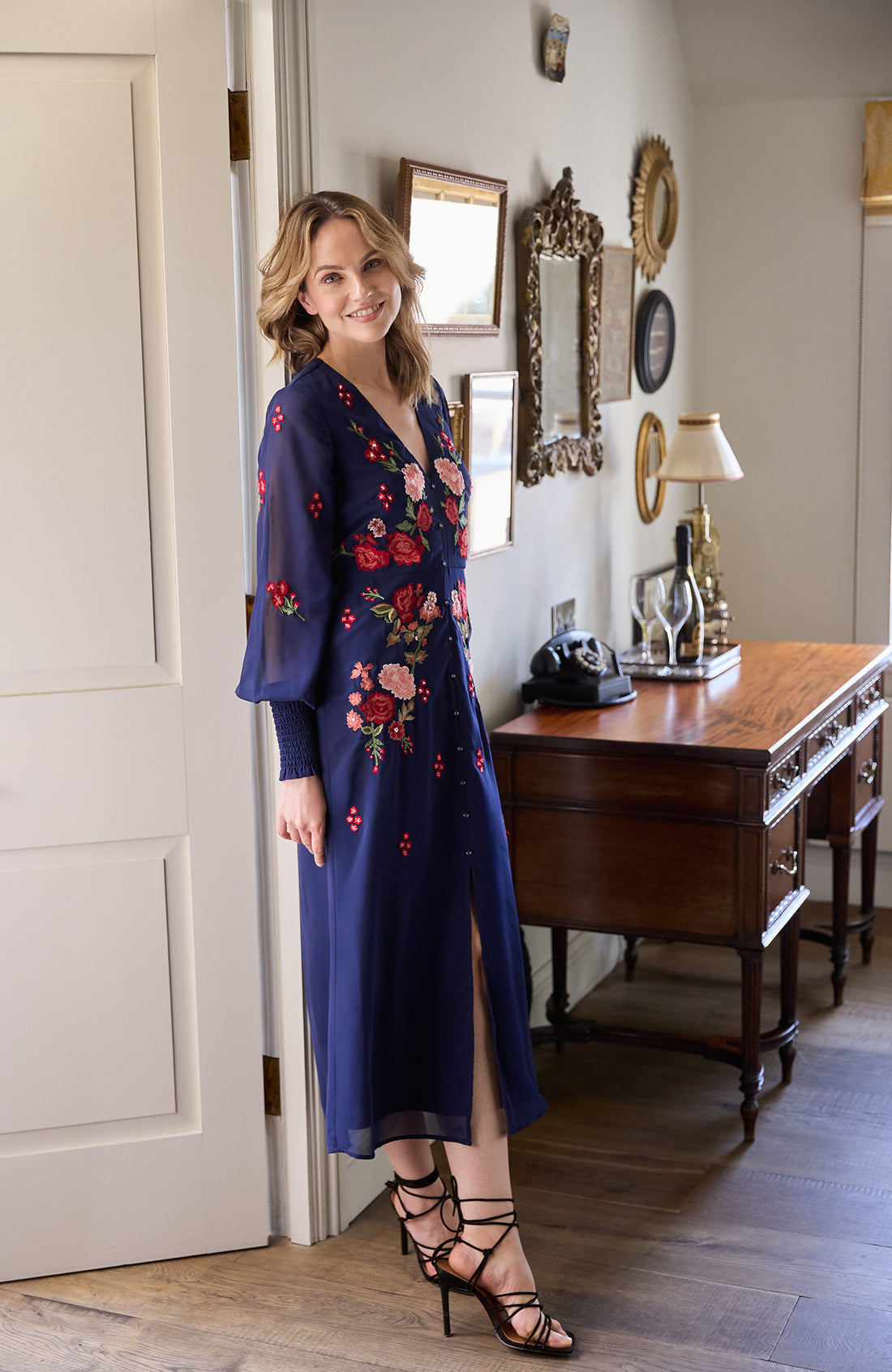 The Jodie Embroidered V-Neck Midi Dress (Navy)