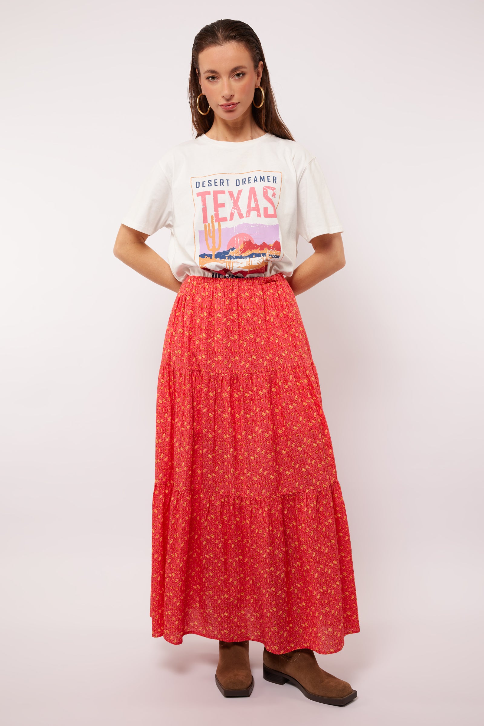 Cassidy Elasticated Waist Maxi Skirt (Sunkissed Coral/ Terra)