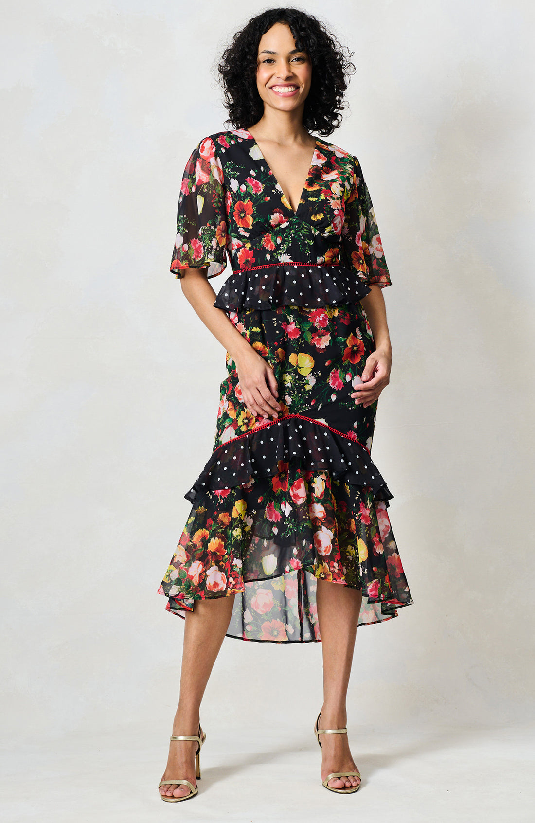 The Aida V-Neck Peplum Waist Midi Dress (Black Multi) | Love Cherish