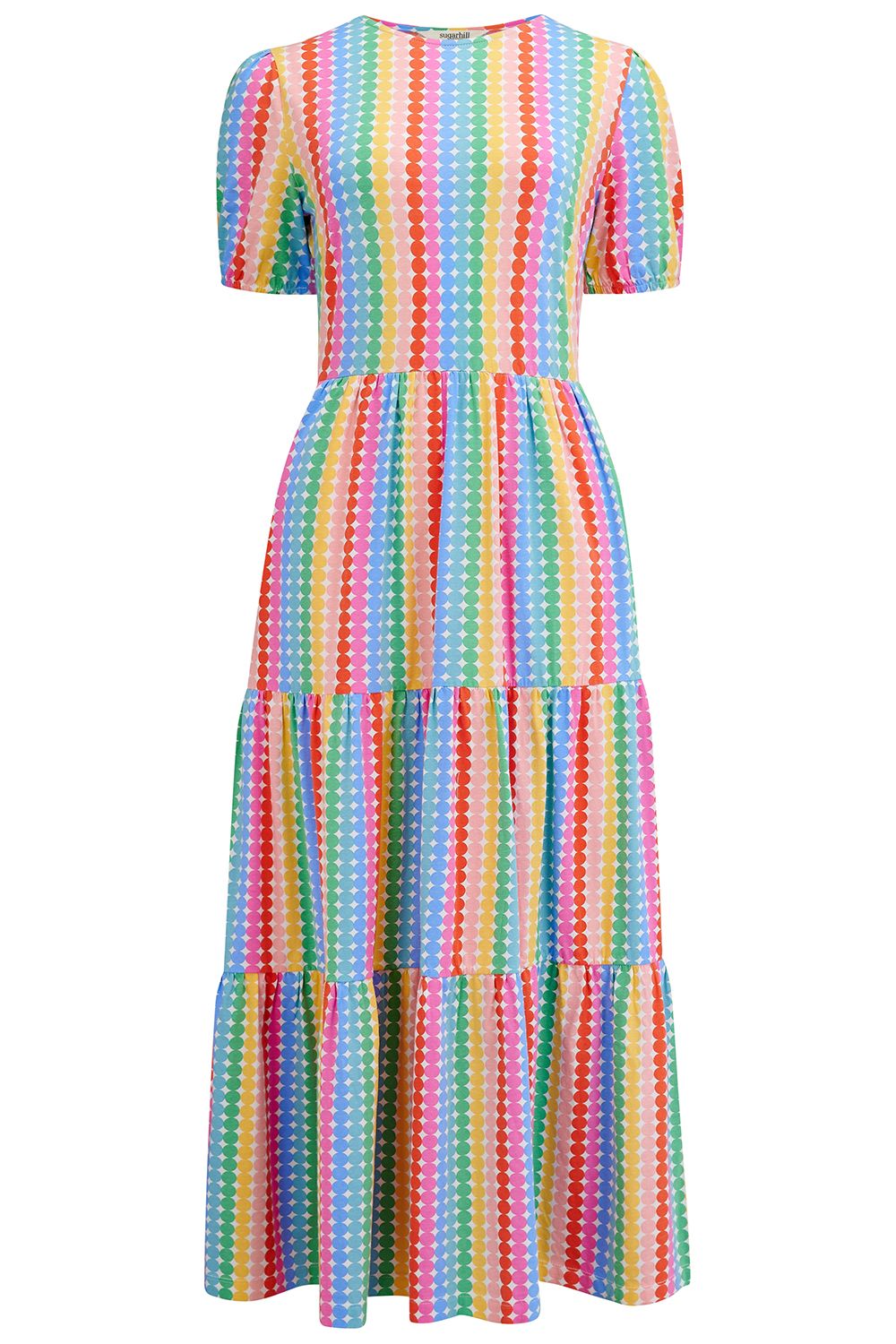 Minerva Jersey Tiered Midi Dress (Multi/Rainbow Circles)
