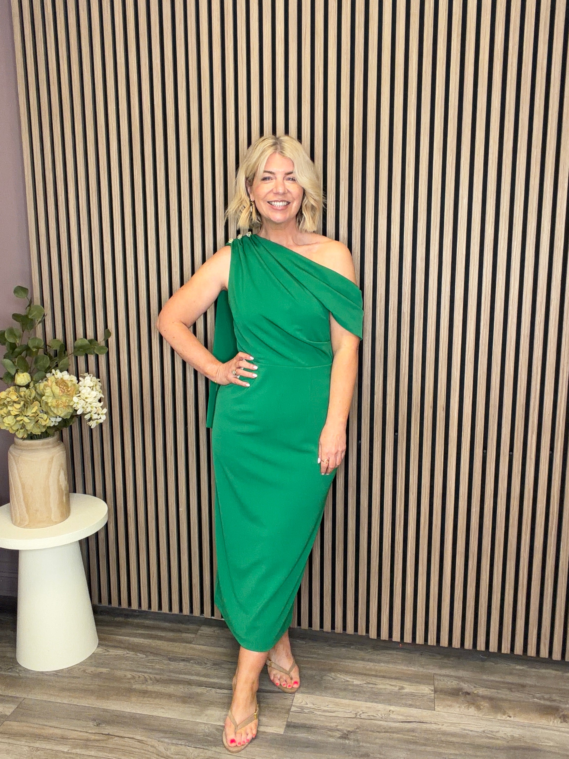 Eleni Drape Midi Dress (Emerald Green)