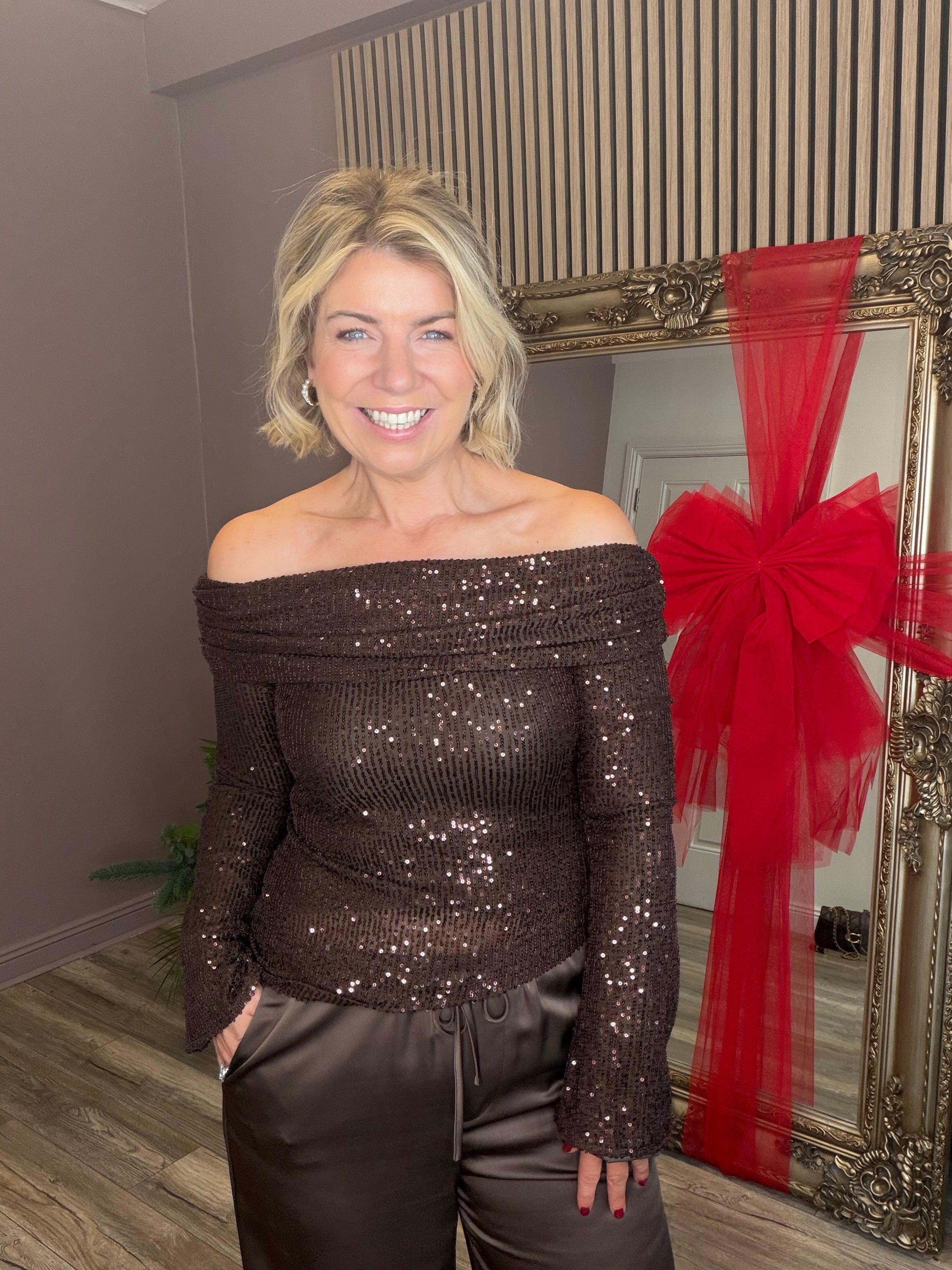 Rose Asymmetrical Sequin Top (Brown)