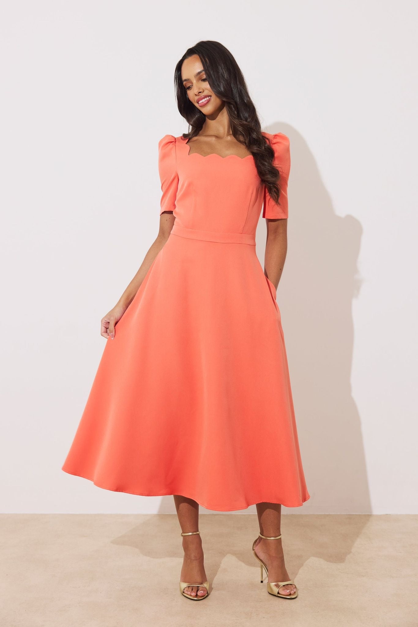 Livia Scallop Edge Midi Dress (Coral)