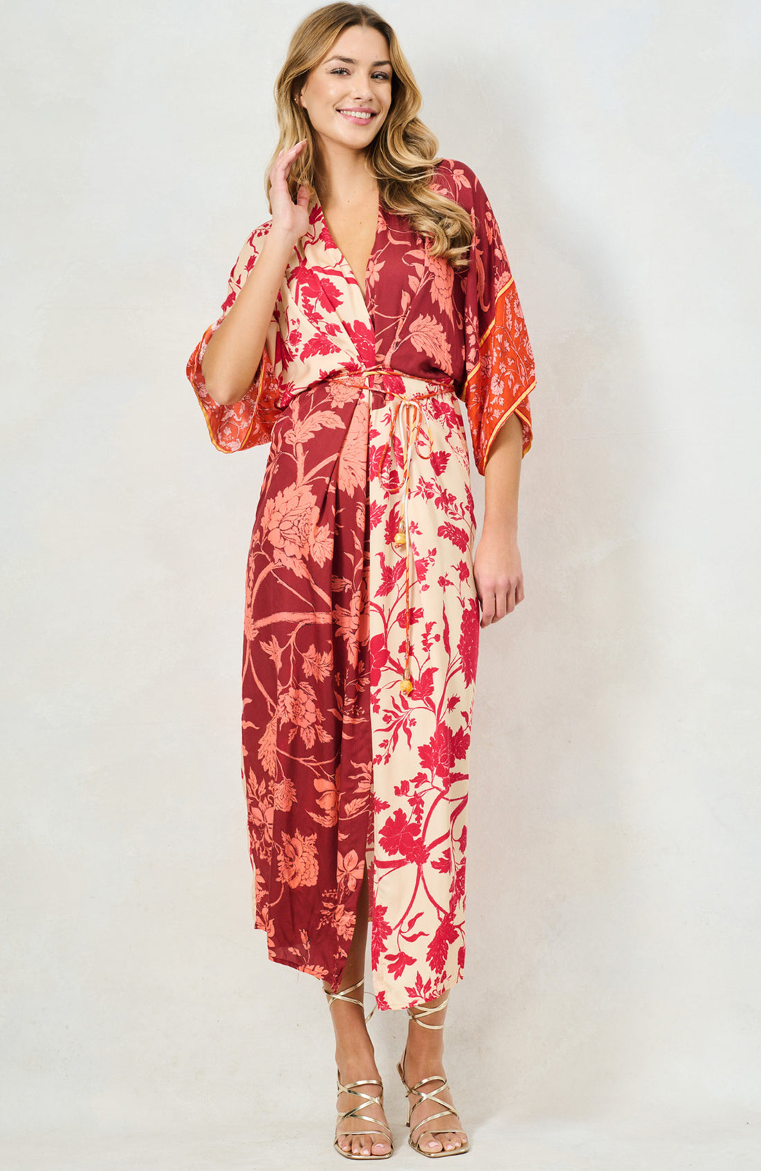 The Salma Kimono Midi Dress (Orange/Burgundy)