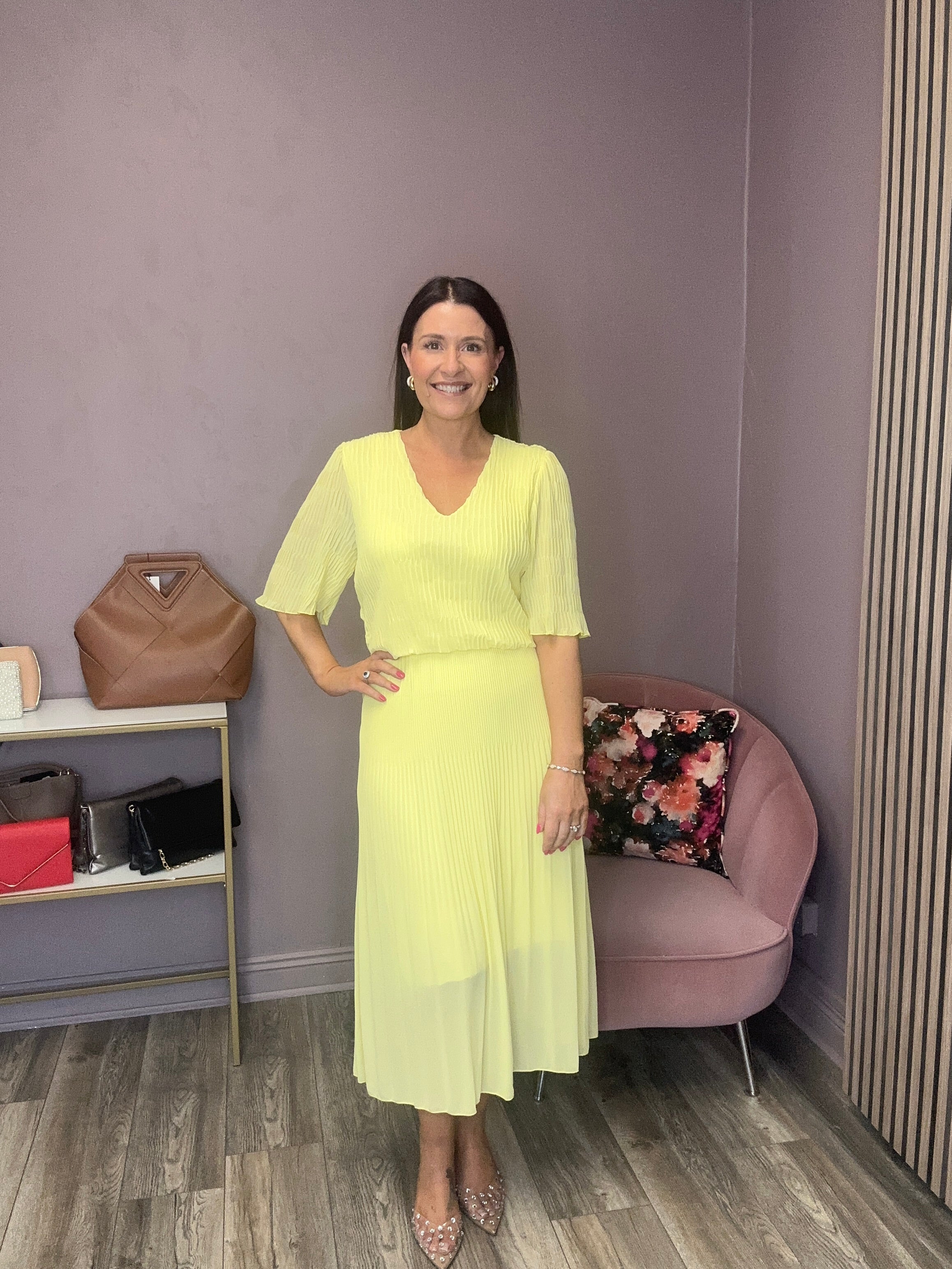 Layla Plisse Midi Dress (Lemon)
