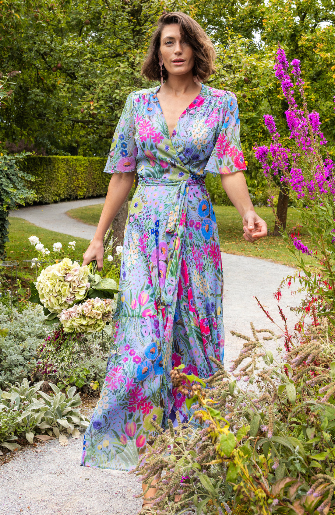 The Ember Flutter Sleeve Maxi Wrap Dress (Blue/Pink) | Love Cherish