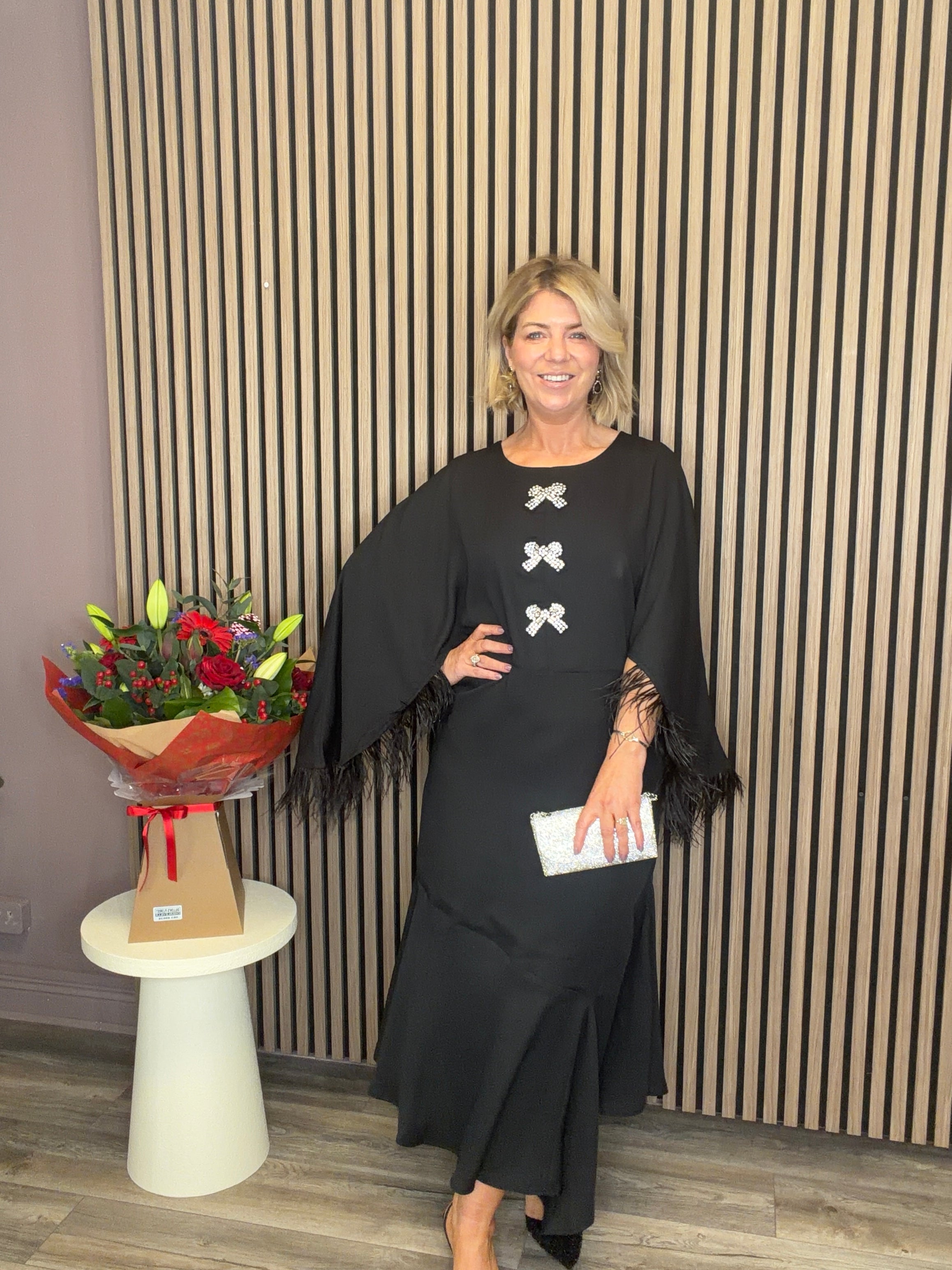 The Helena Feather Trim Midi Dress (Black)