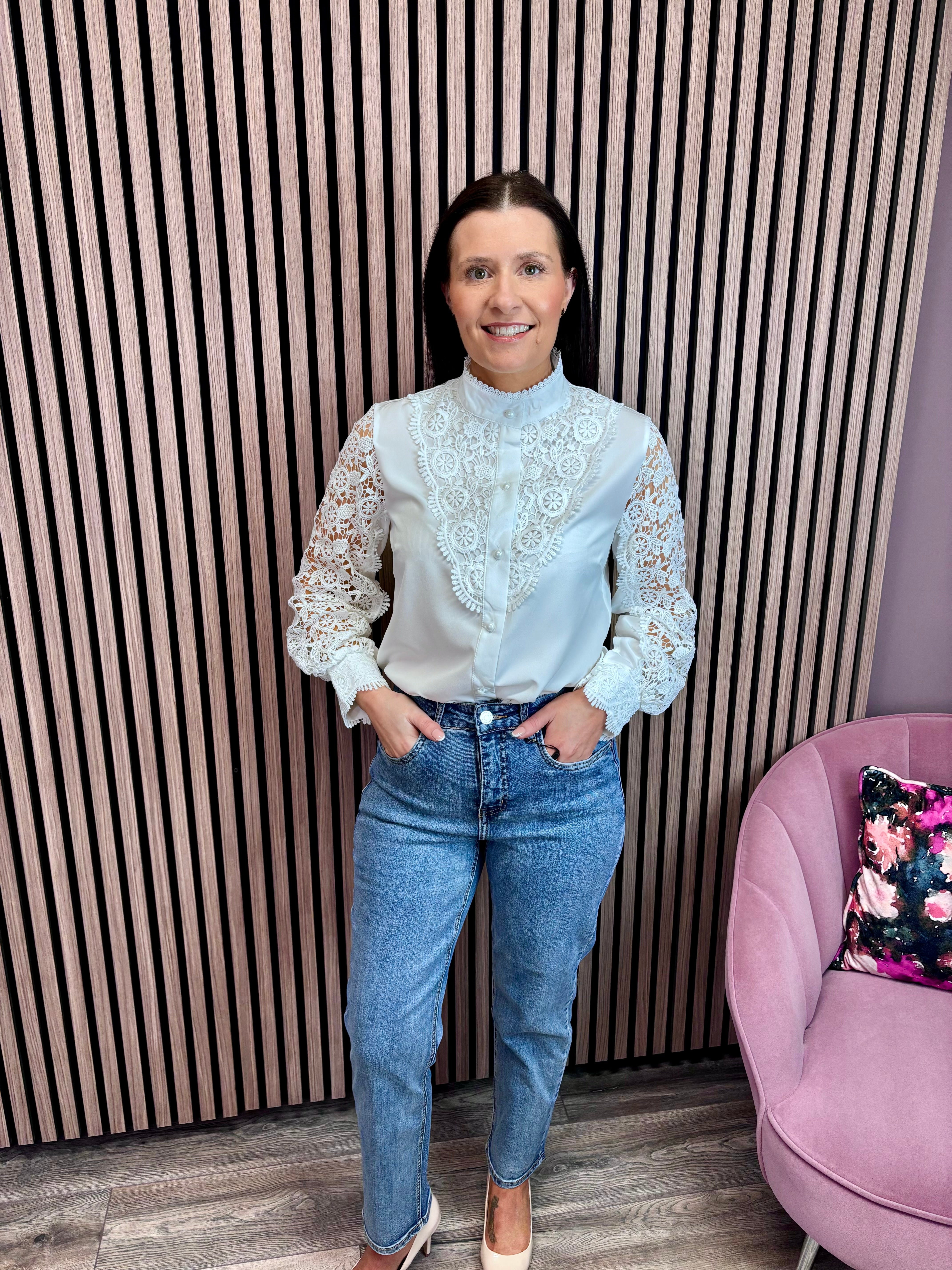 Chloe High Neck Lace Detail Shirt (White)