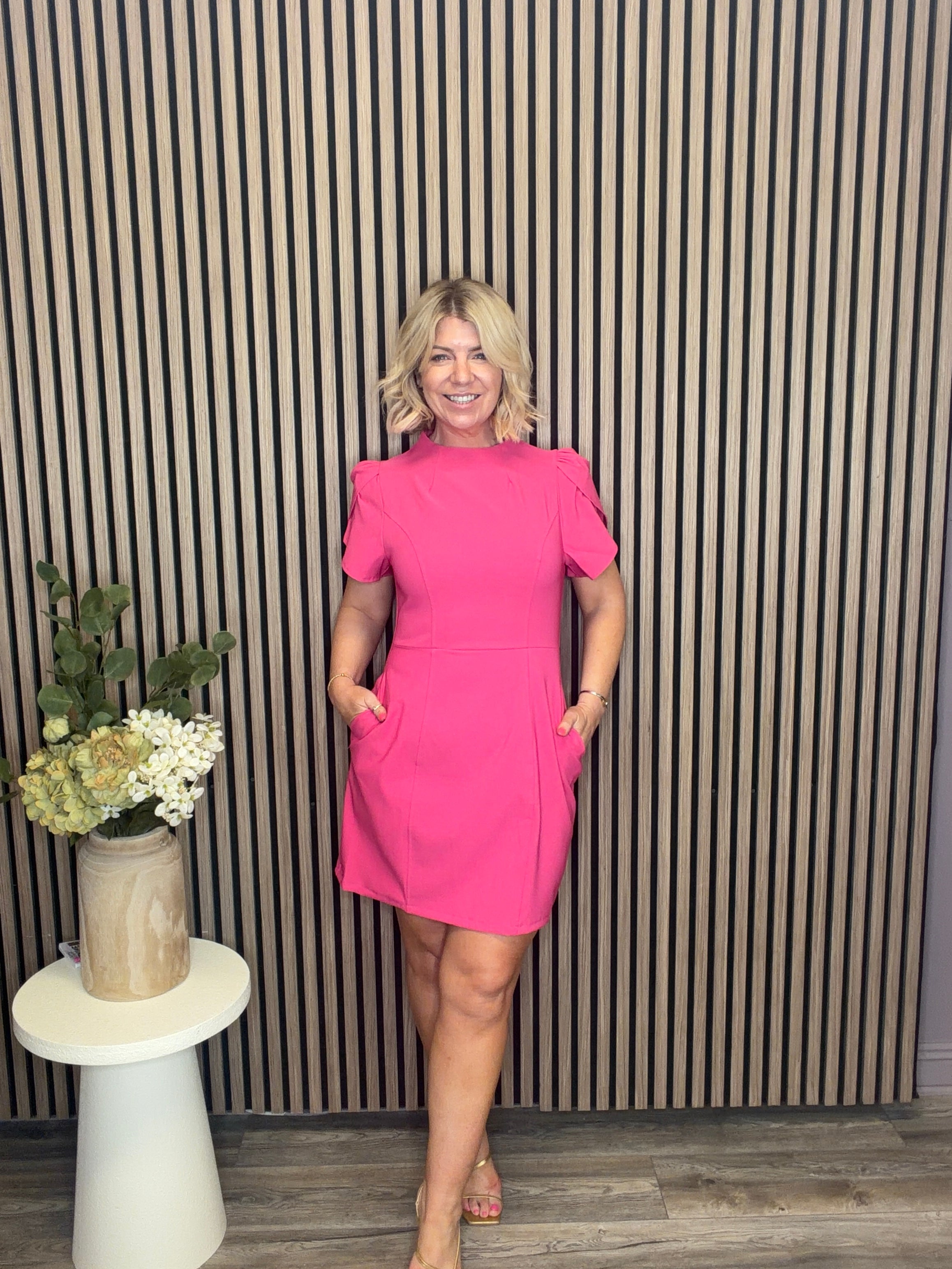 Ami Tulip Sleeve High Neck Dress (Fushia)