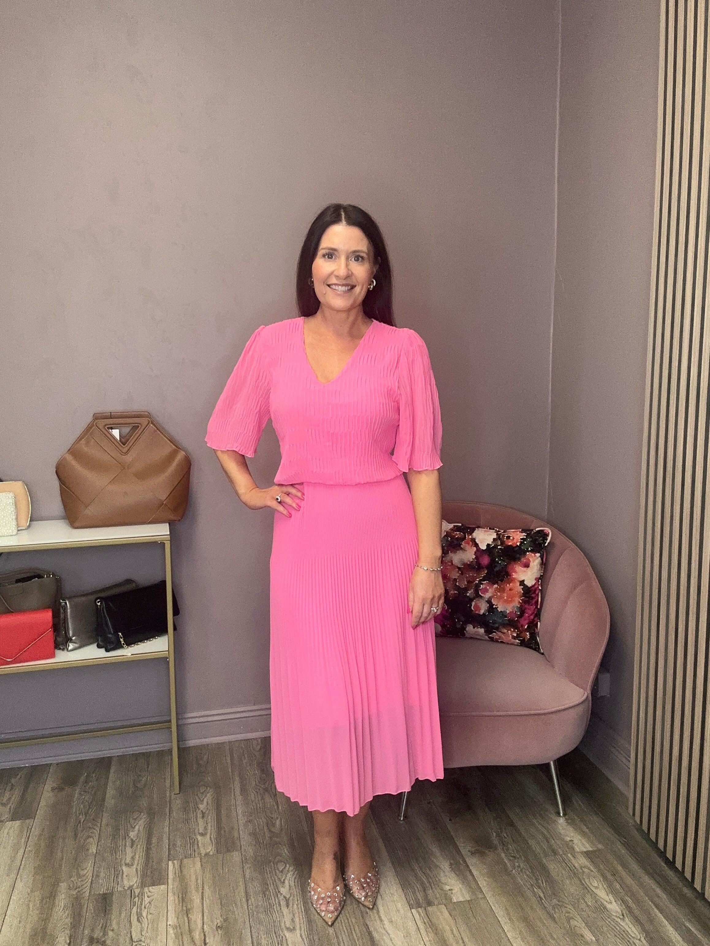 Layla Plisse Midi Dress (Pink)