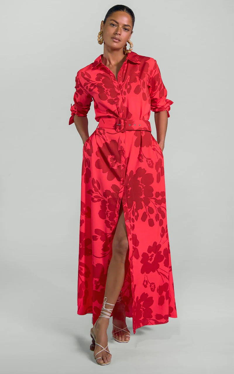 Dove Maxi Shirt Dress (Red Leopard Floral) Love Cherish Dress