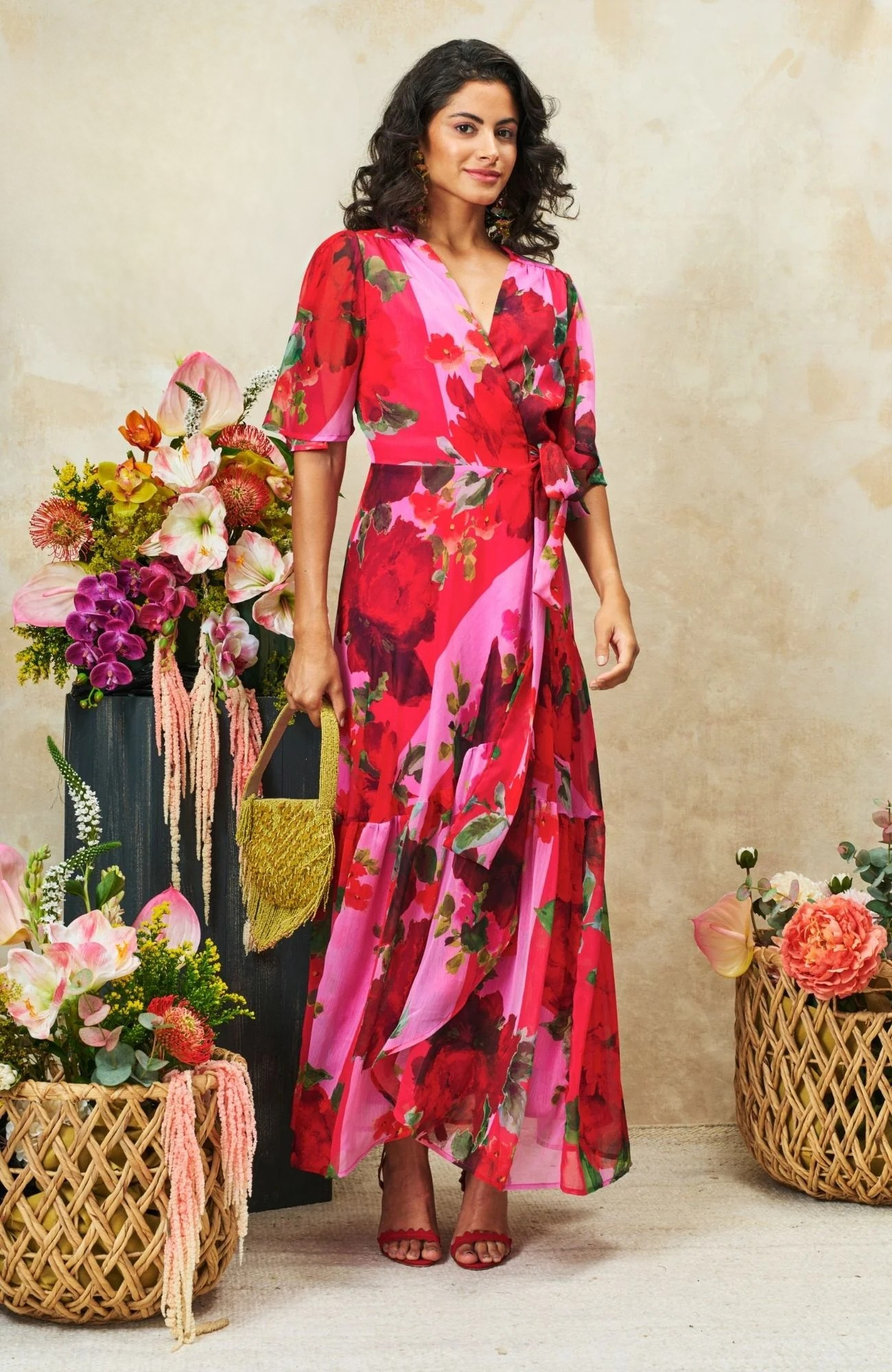 The Rosanna Maxi Wrap Dress (Pink/Red) The Rosanna Maxi Wrap Dress (Pink/Red)