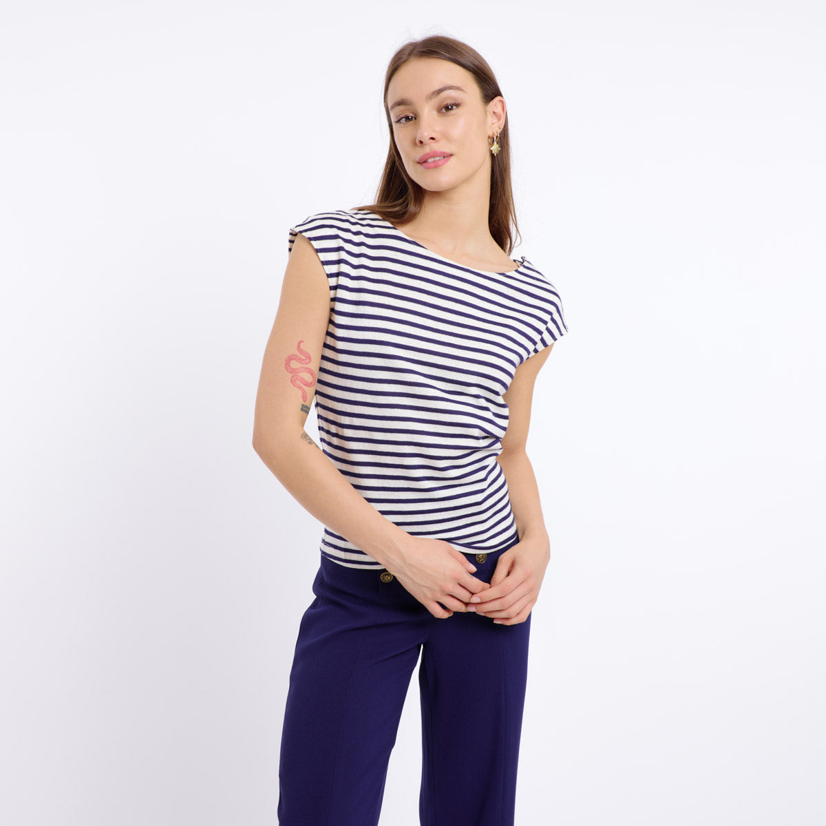 CHARLOTTE CAP SLEEVE T-SHIRT (NAVY/CREAM)