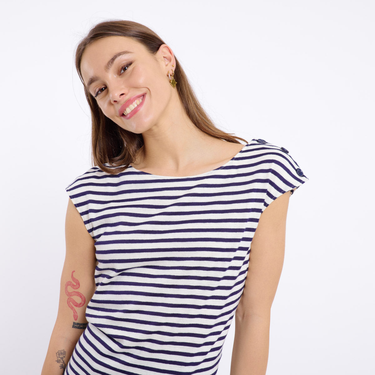 CHARLOTTE CAP SLEEVE T-SHIRT (NAVY/CREAM)