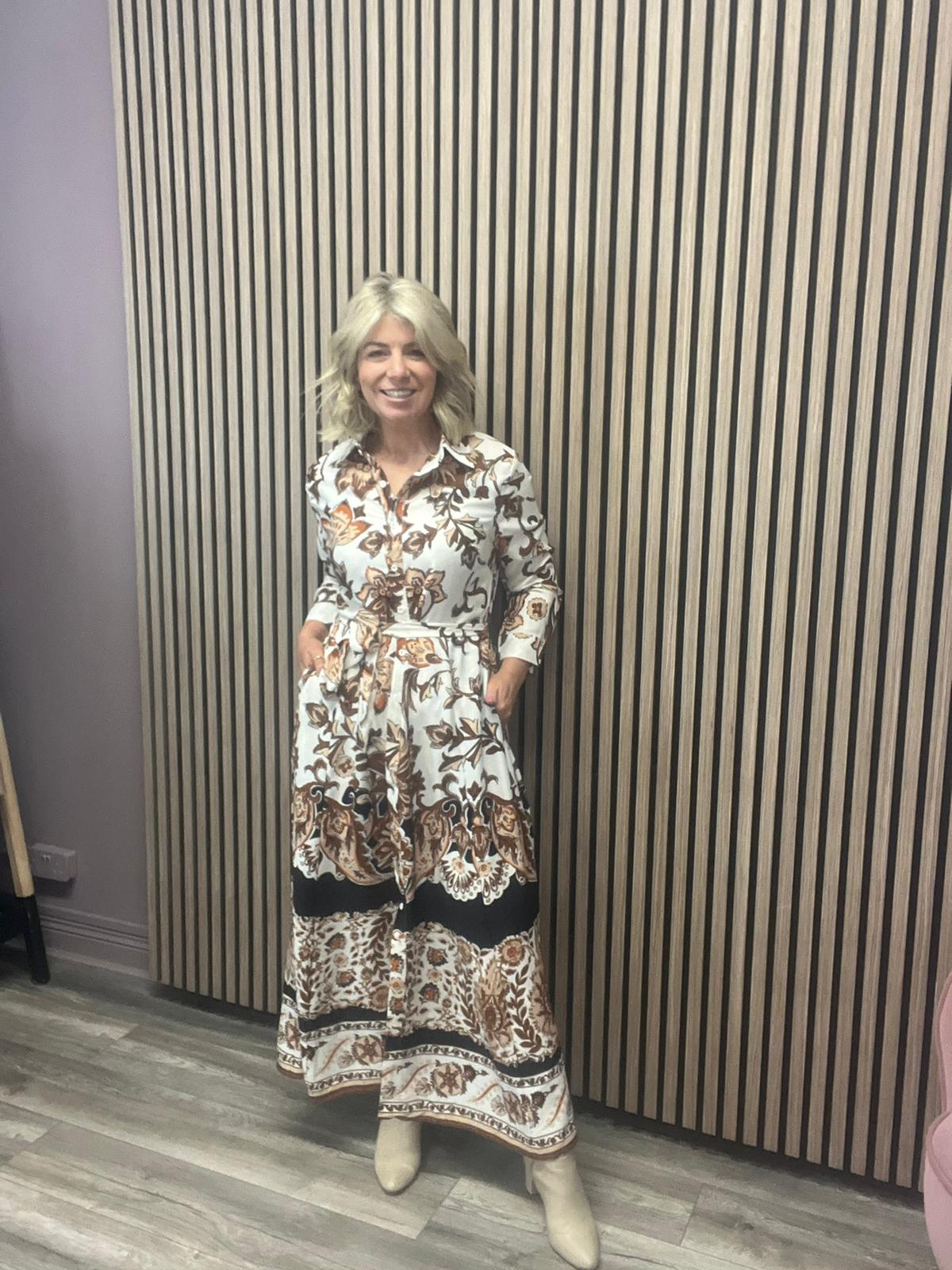 ANGELA BOARDER PRINT SHIRT MAXI DRESS (BROWN)