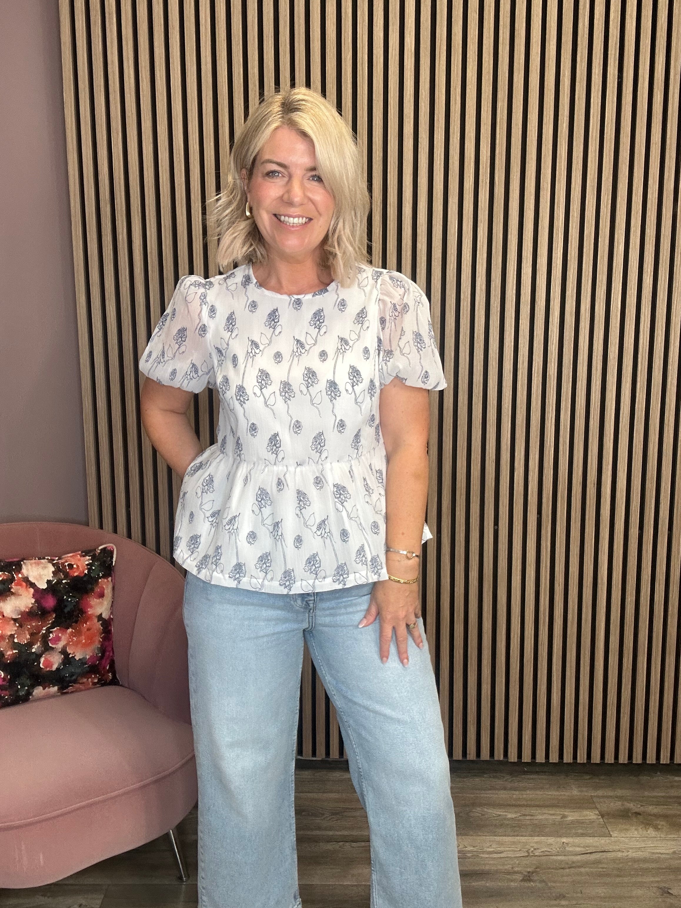 Nilla Short Sleeve Top (Snow White/Navy)