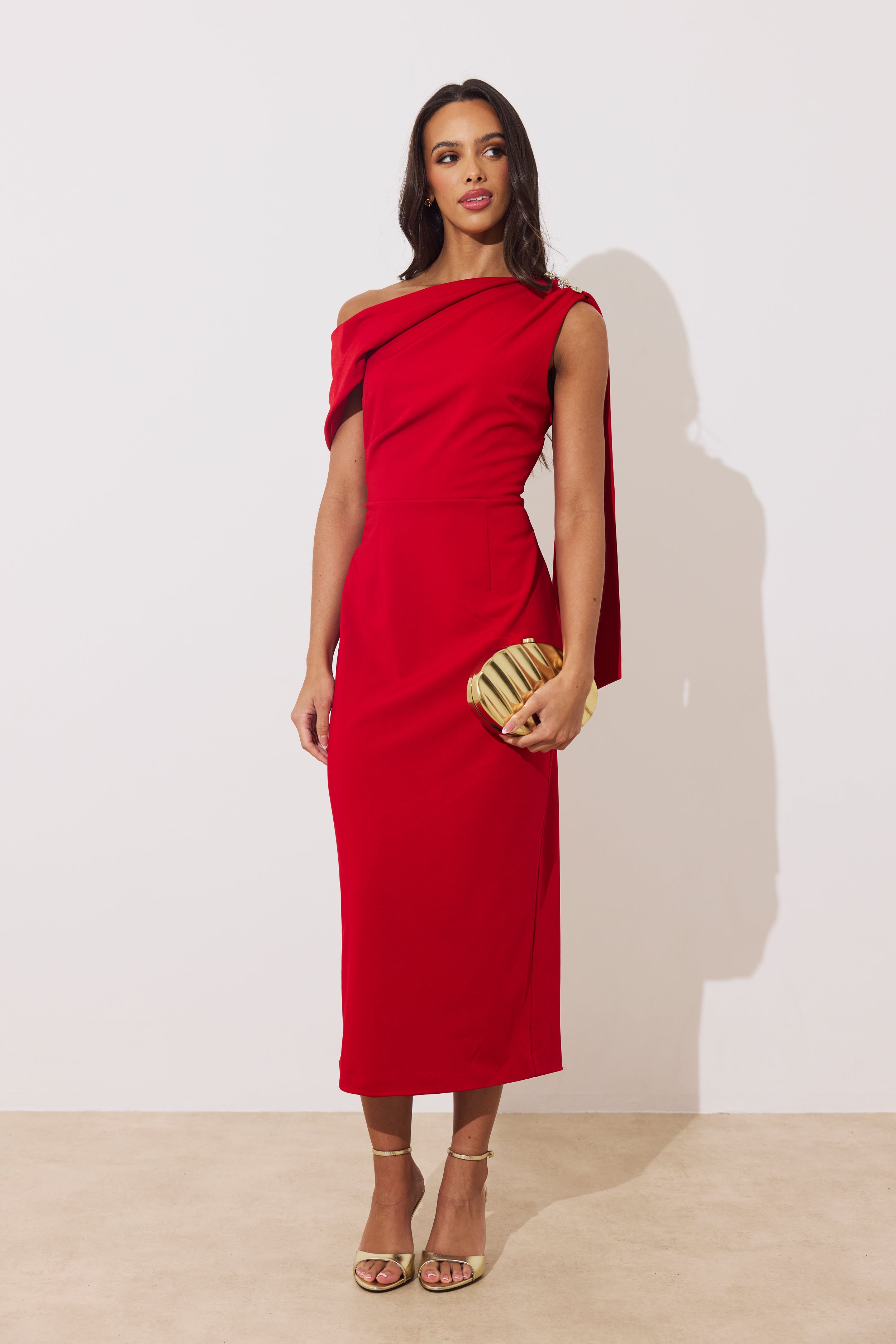 Eleni Drape Midi Dress (Red)