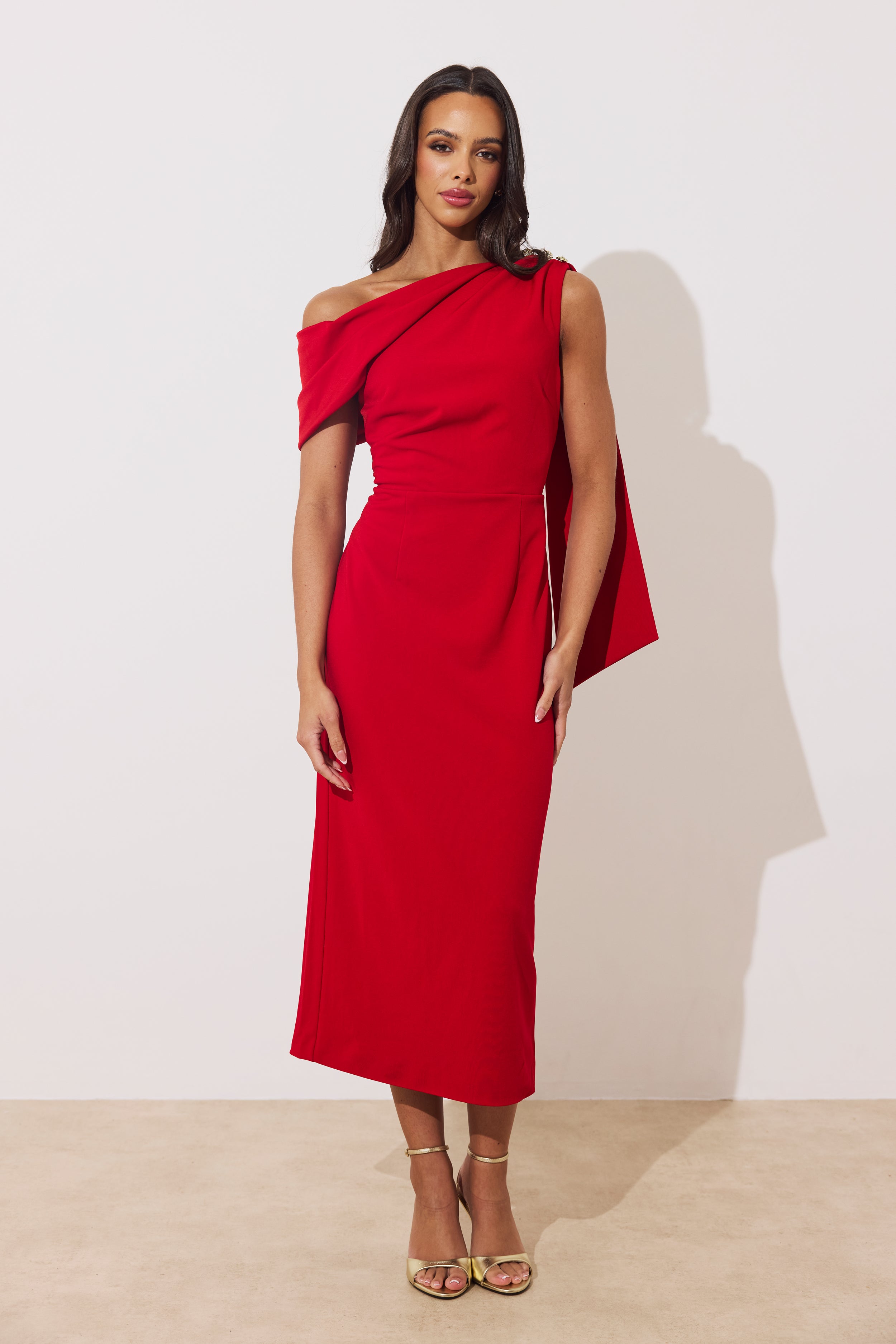 Eleni Drape Midi Dress (Red)
