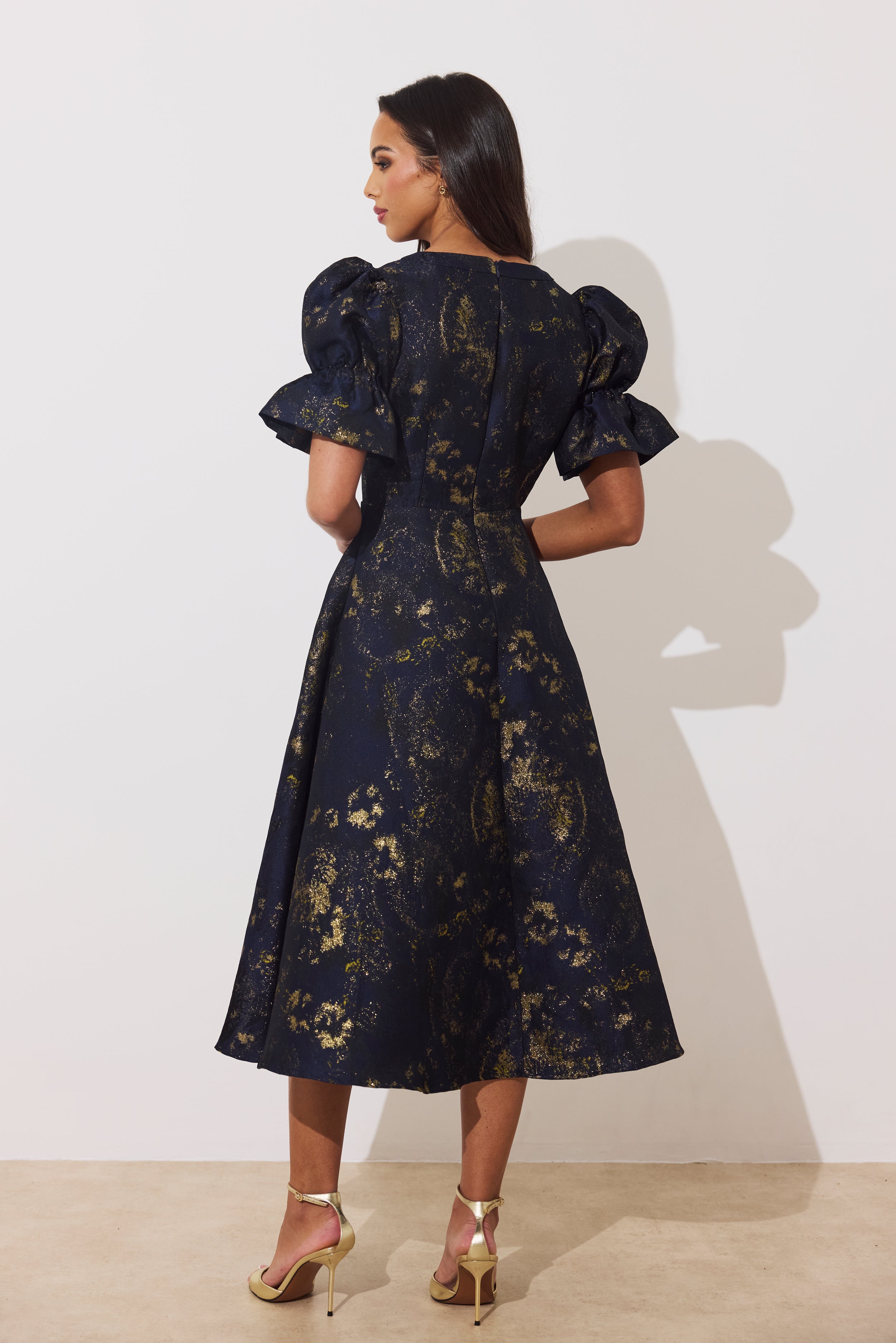 Callie Metallic Midi Dress (Midnight Blue/Gold)