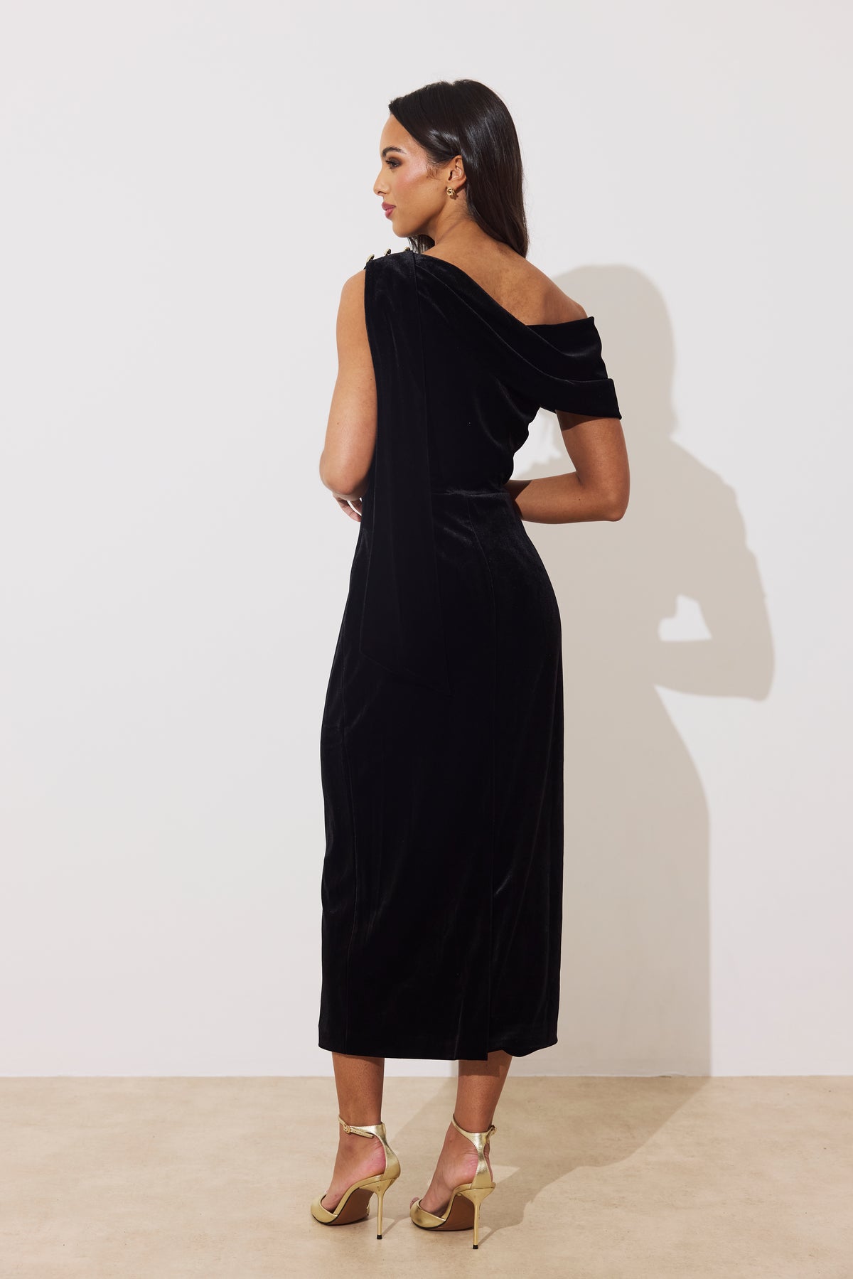 Eleni Velvet Drape Midi Dress (Black)