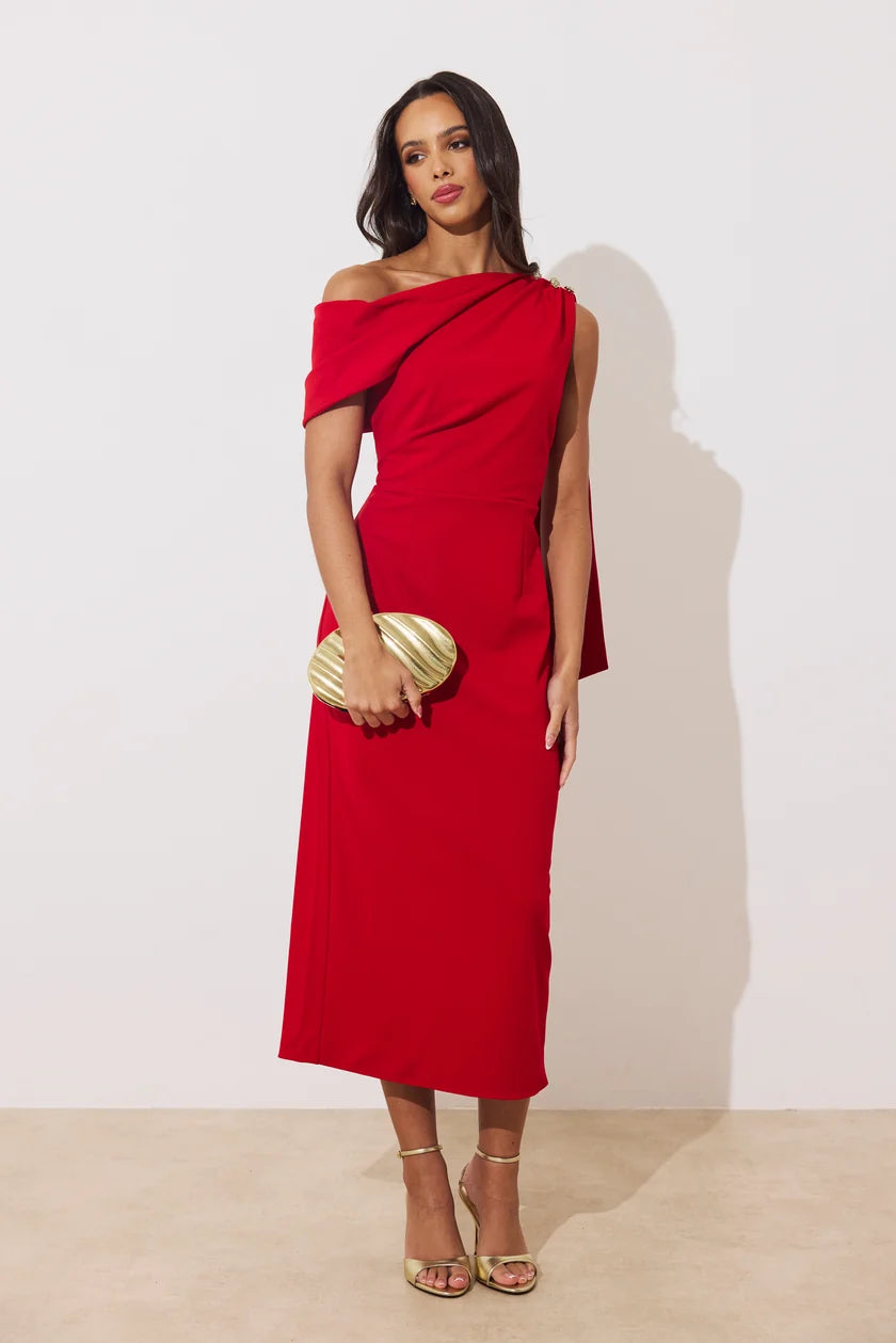 Eleni Drape Midi Dress (Red)