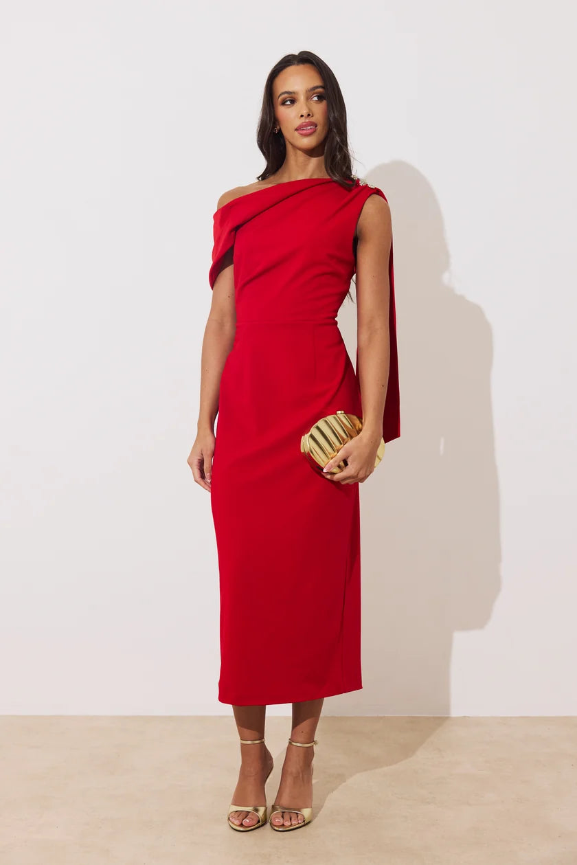 Eleni Drape Midi Dress (Red)