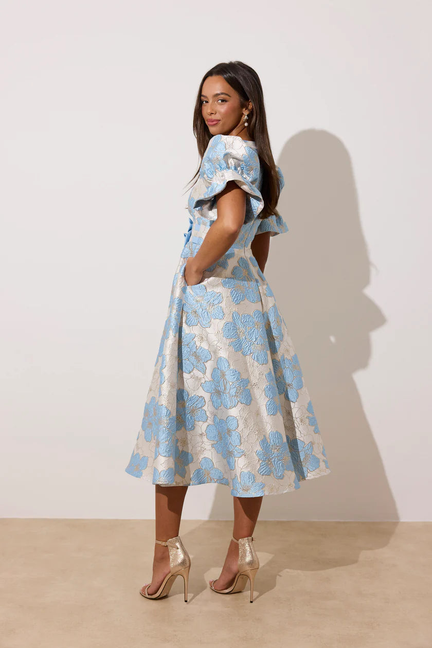Callie Metallic Puff Sleeve Midi Dress (Pale Blue)