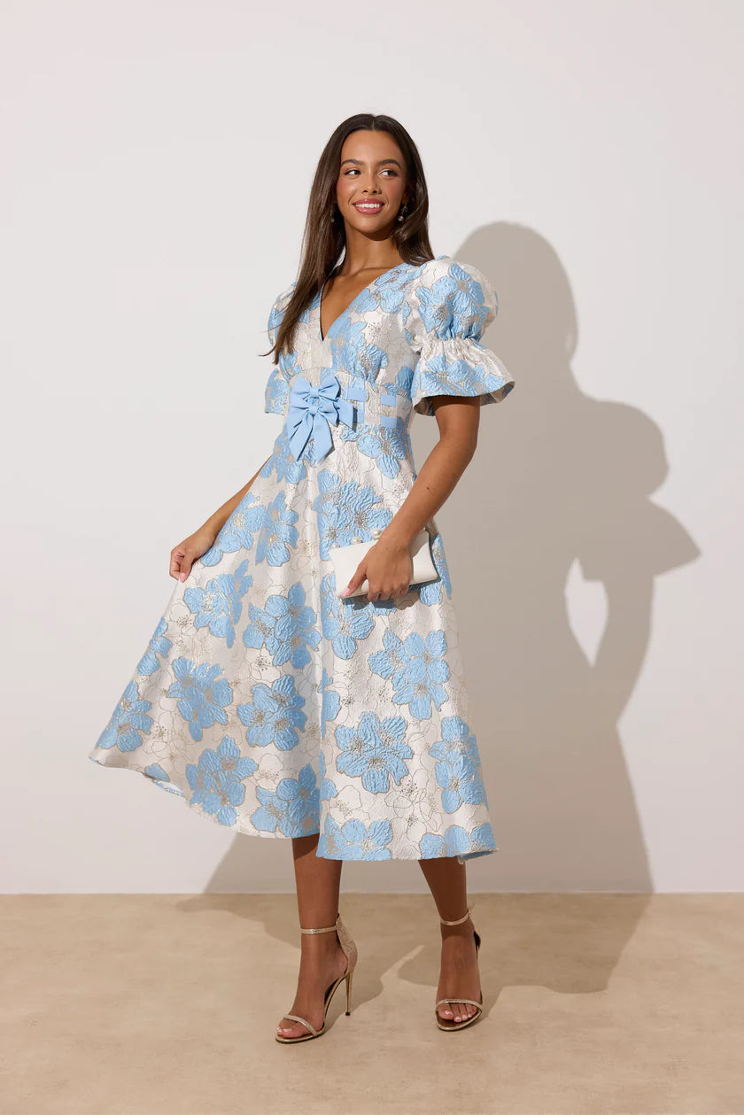 Callie Metallic Puff Sleeve Midi Dress (Pale Blue)