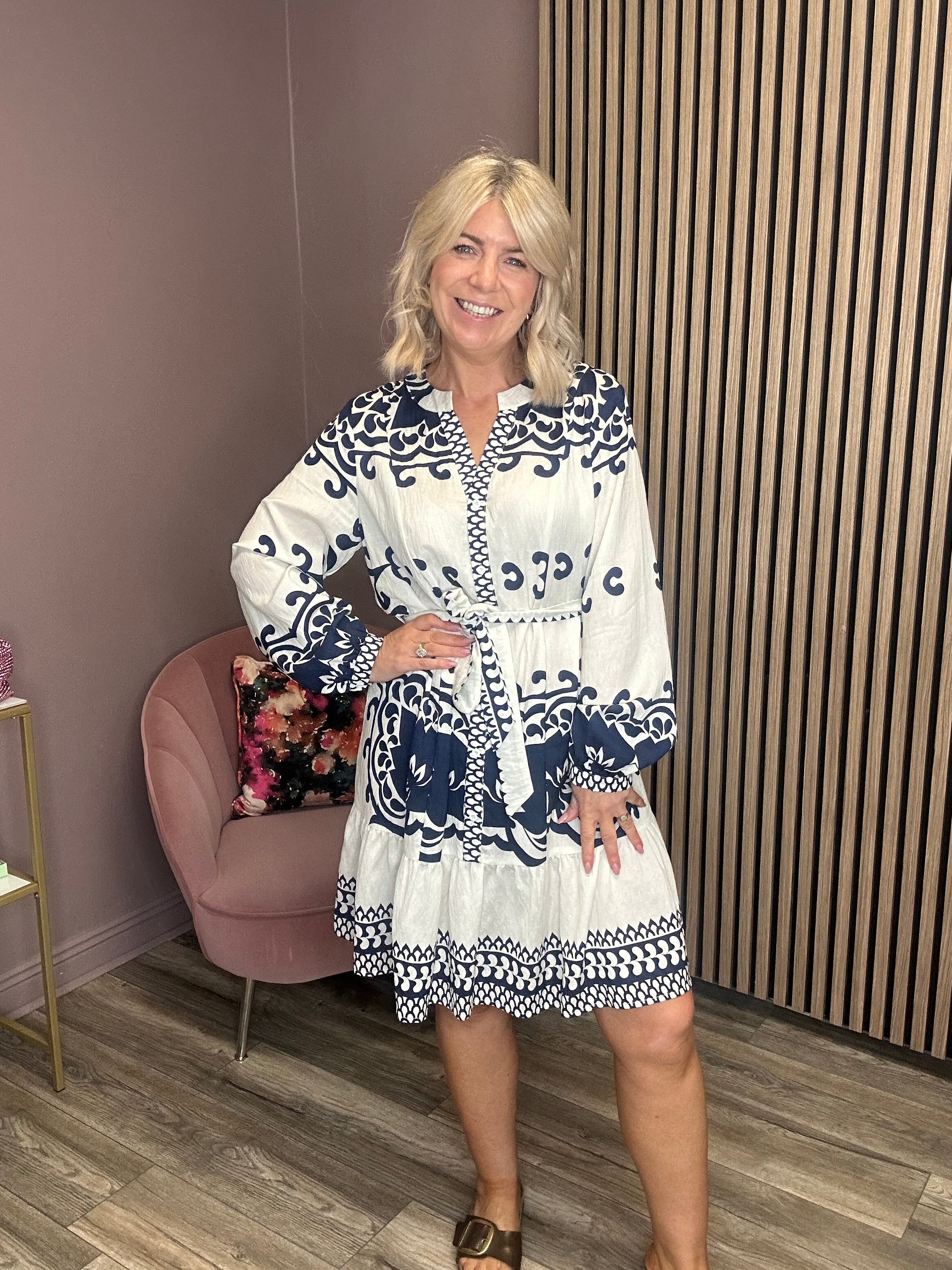 Donna Long Sleeve Dress (Blue/Cream)