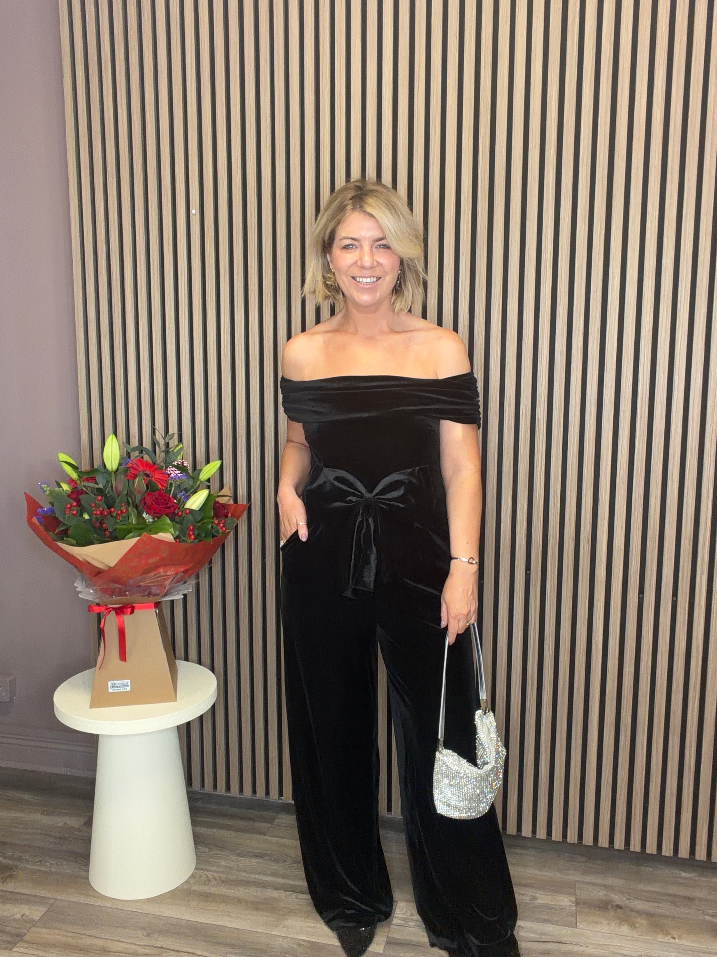 Selene Bow Detail Bardot Jumpsuit (Black Velvet)