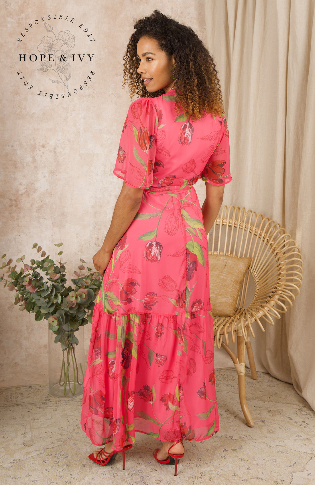 THE HARMONY FLUTTER SLEEVE MAXI WRAP DRESS (PINK FLORAL) CURVE