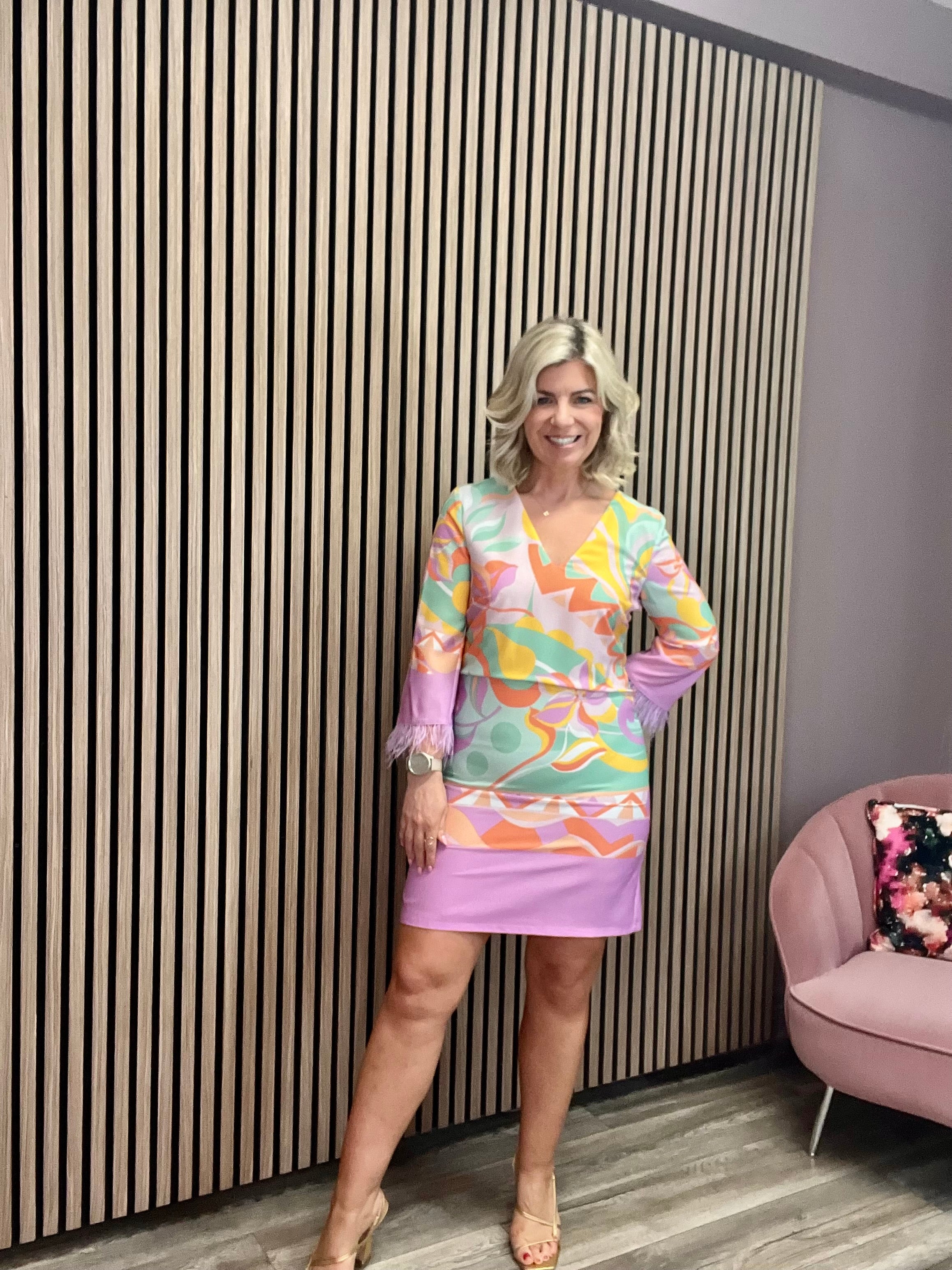 Sameto Feather Trim Dress (Multi)