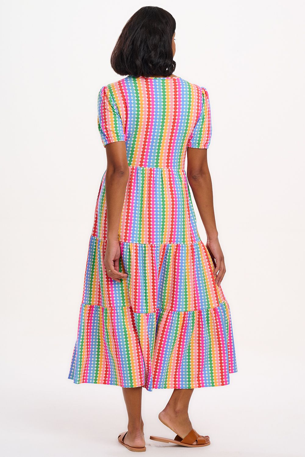Minerva Jersey Tiered Midi Dress (Multi/Rainbow Circles)