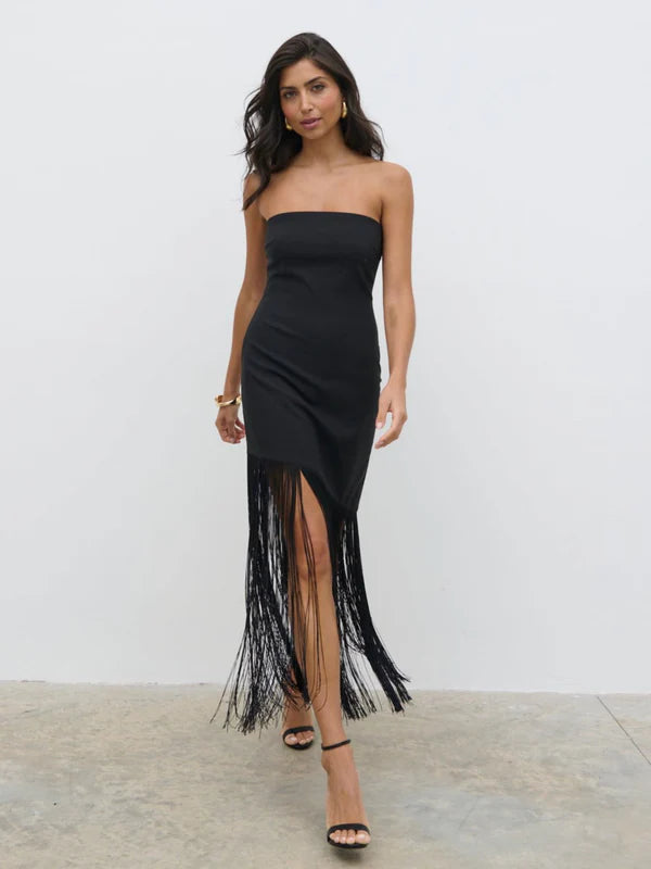 Eliana Bandeau Asymmetric Fringed Dress (Black) | Love Cherish | Dress Eliana Bandeau Asymmetric Fringed Dress (Black) | Love Cherish | Dress