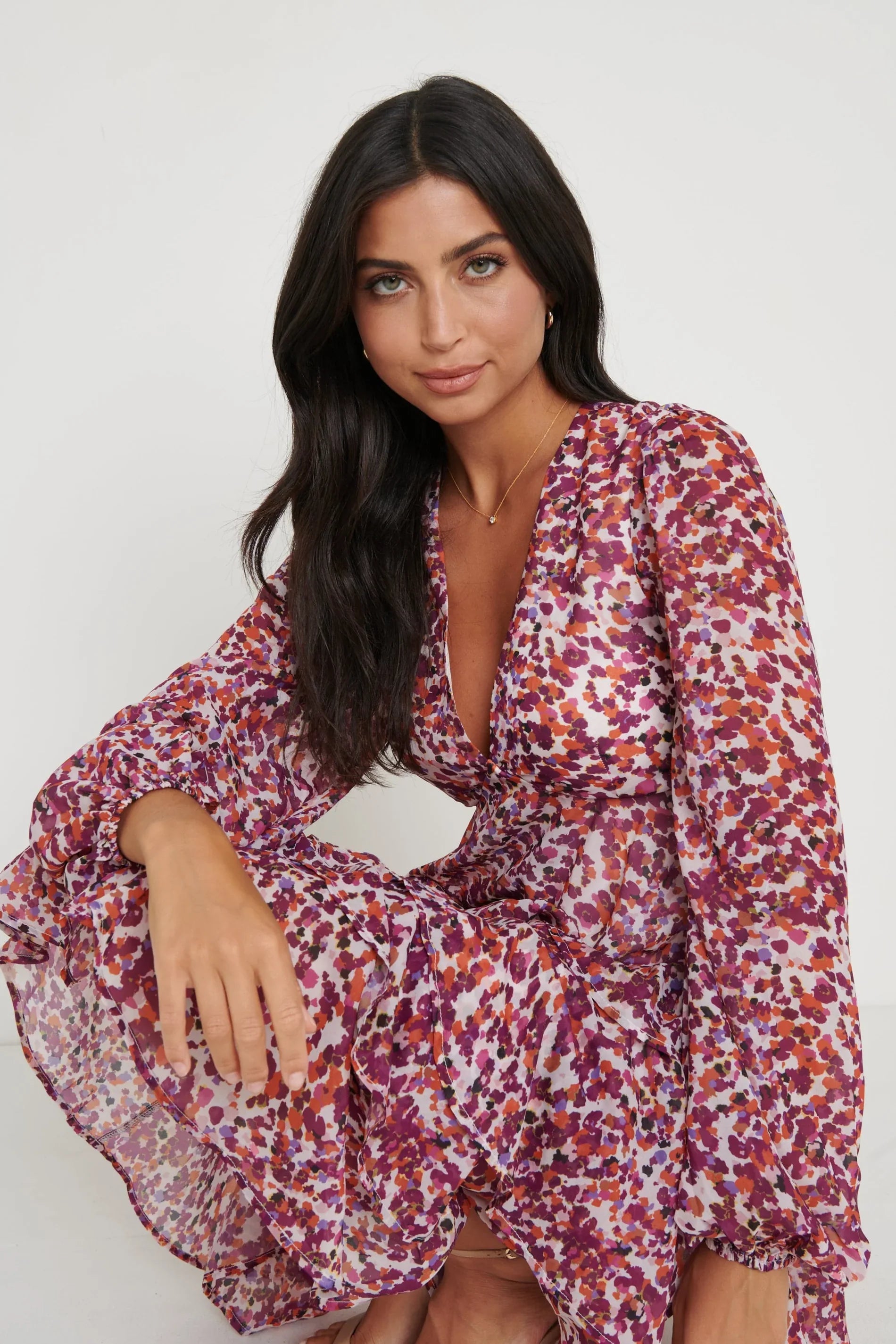 ASHTON RUFFLE MIDI DRESS (CORAL ABSTRACT) CURVE