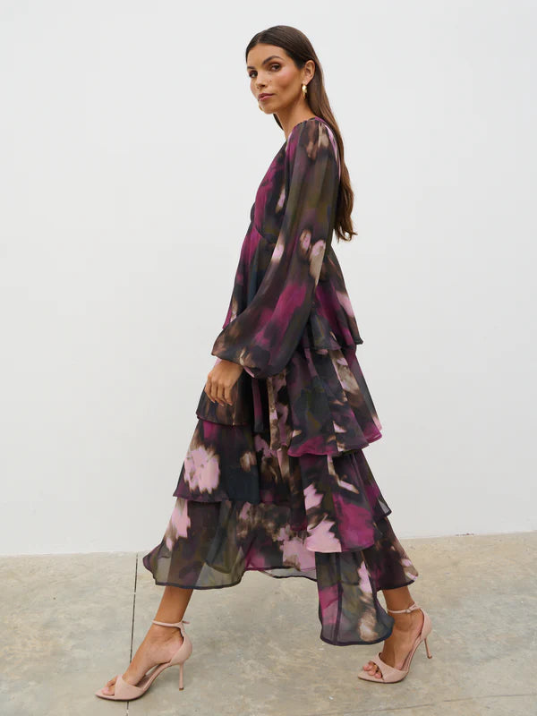 Ashton Ruffle Midi Dress (Purple/Khaki Ombre)