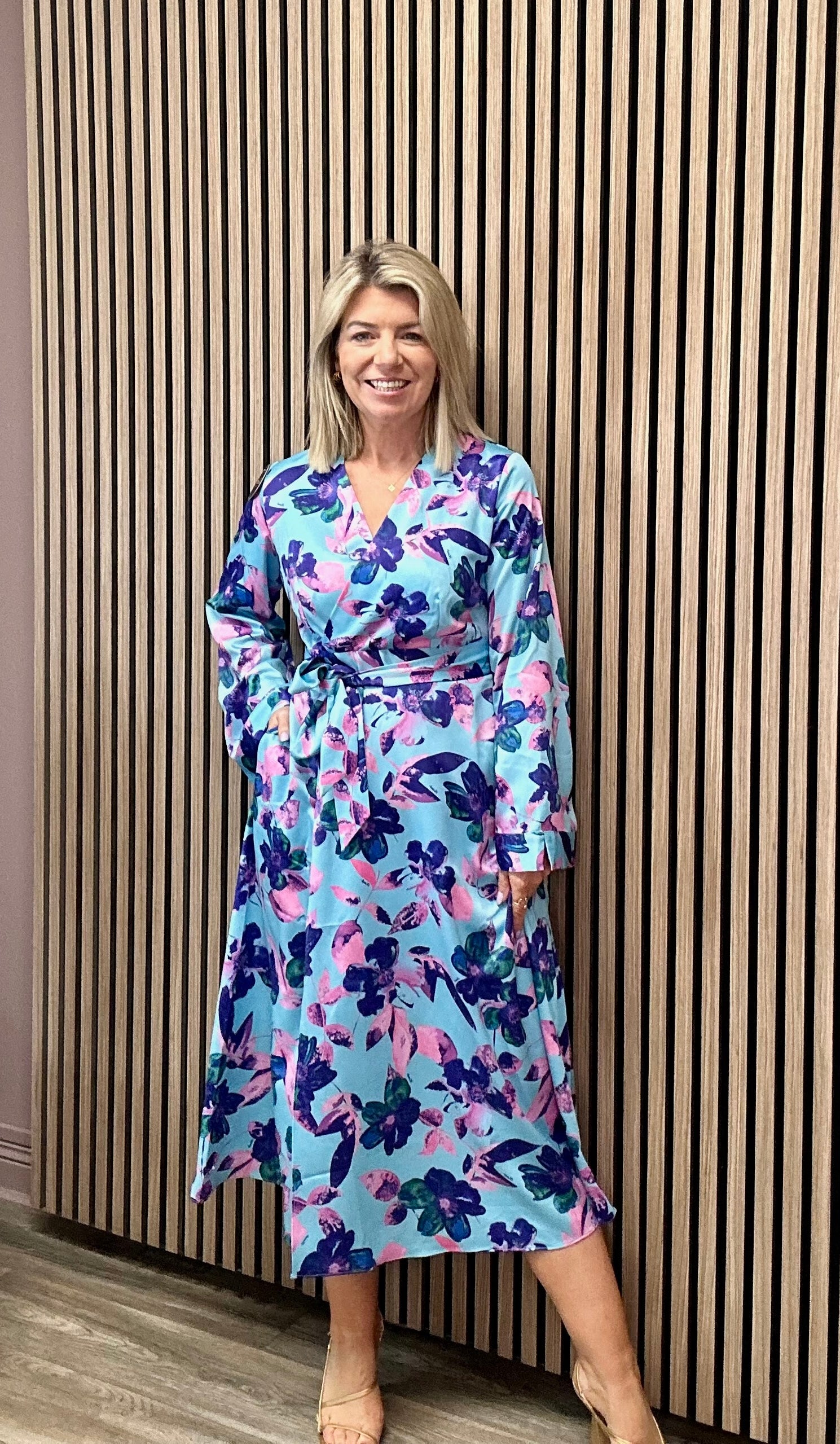 Wilma Faux Wrap Dress (Aqua Floral)