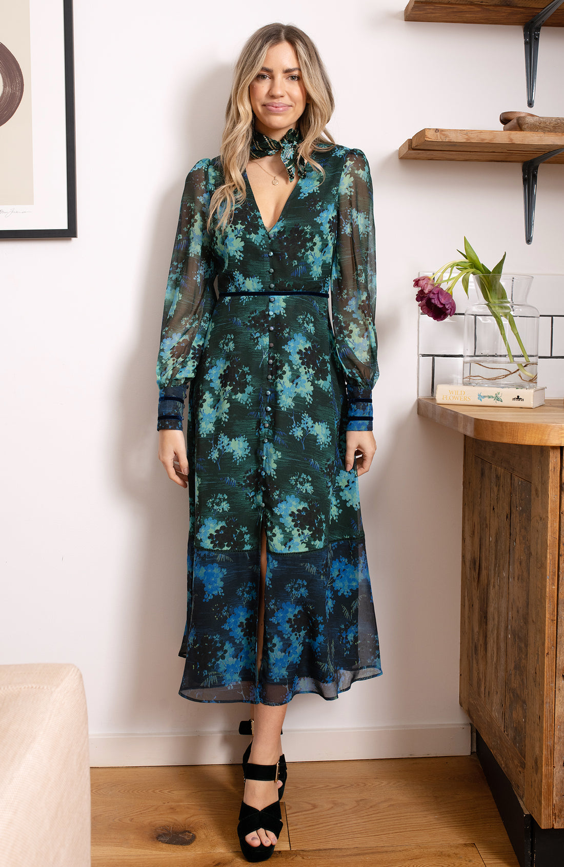 The Babette Contrast Print Button Front Midi Dress