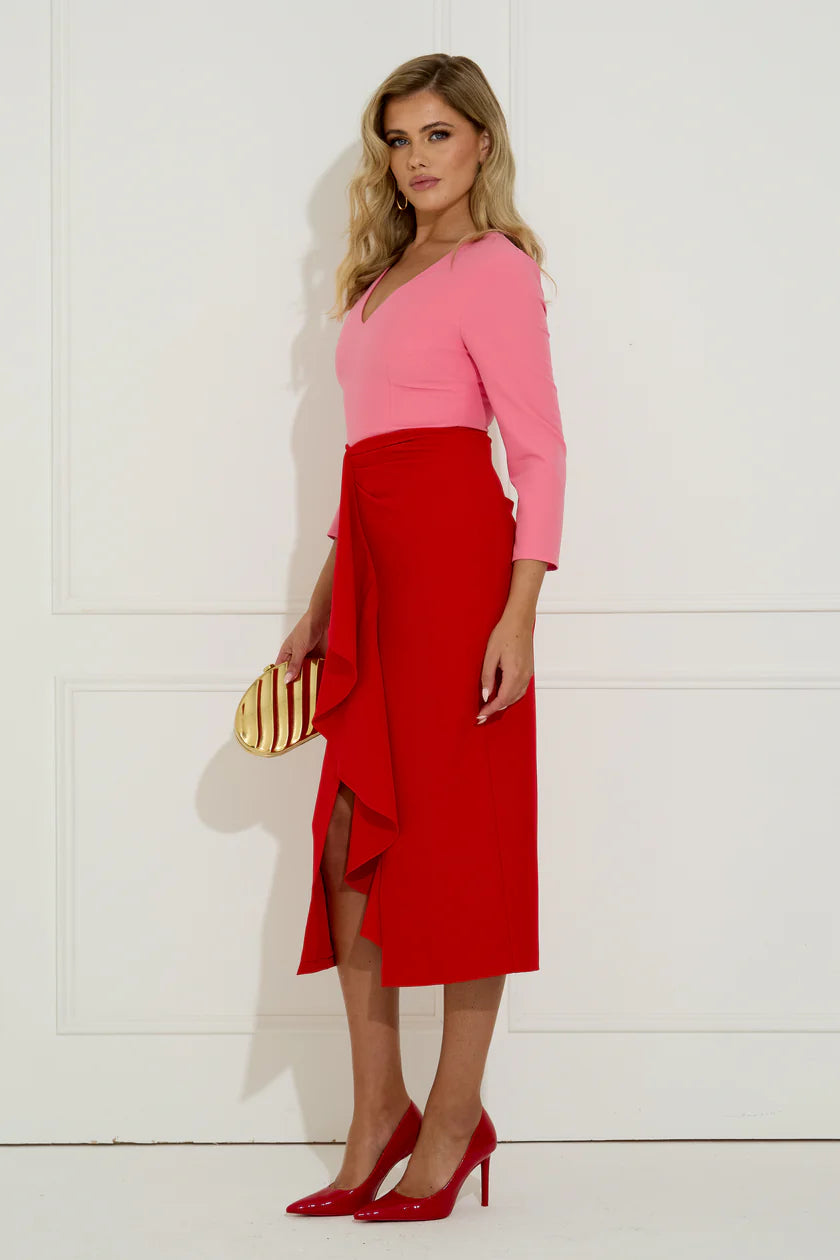 Carmen Frill Midi Dress (Red/Pink)
